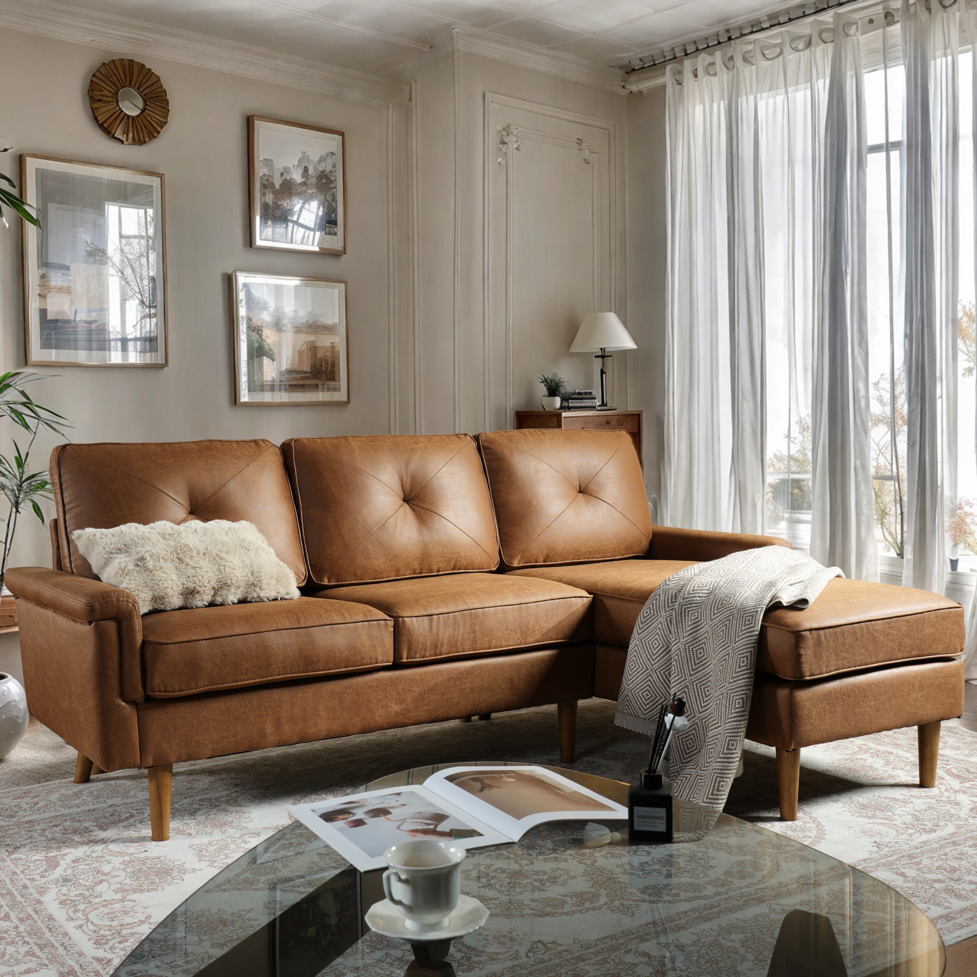 Caodoc L5-NOPR700-4 87 Modern Light Brown L-Shape sofa for Livingroom Suede Reclining Sofa
