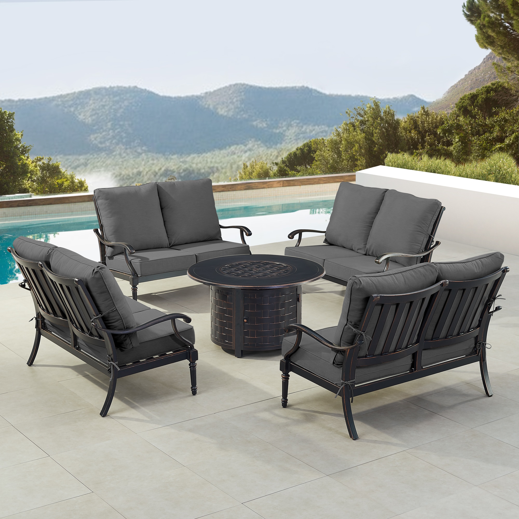 Oakland Living Black Aluminum Fire Table Set with Four Deep Seating ...