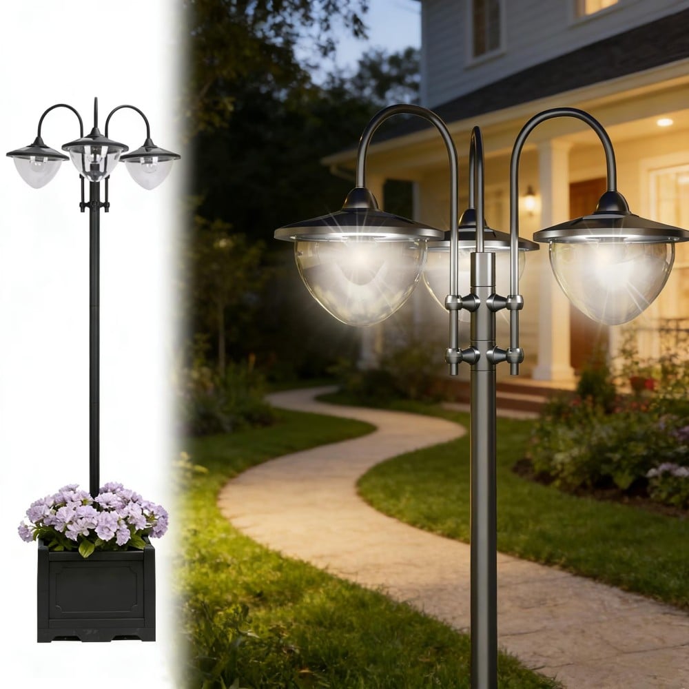 Taoi Fxio 3 Head Solar Outdoor Pole Lamp Post Light IP44 Waterproof LED Solar Lighting with 2 Brightness Modes Auto On Off Night Sensor Planter Base Design for Garden Yard Pathway Lawn