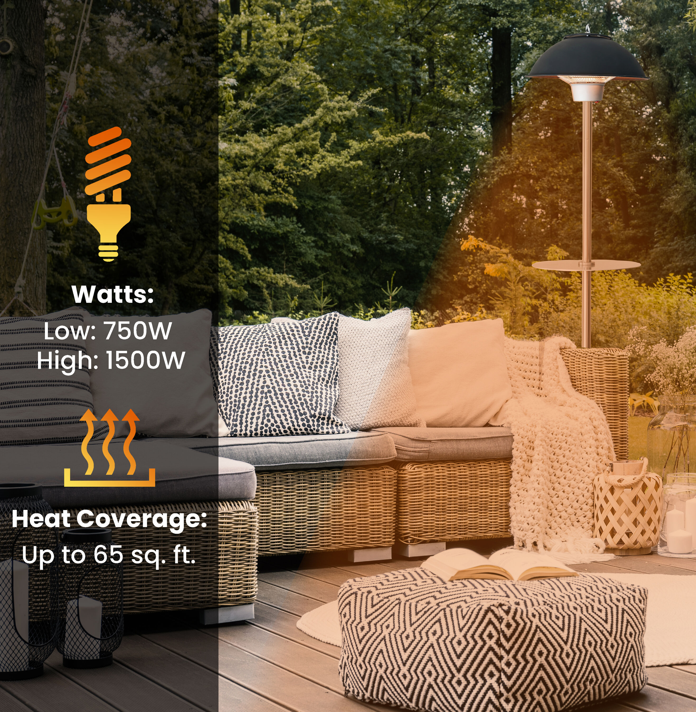 Hanover Black Stainless Steel Electric Infrared Patio Heater with Built-in Table