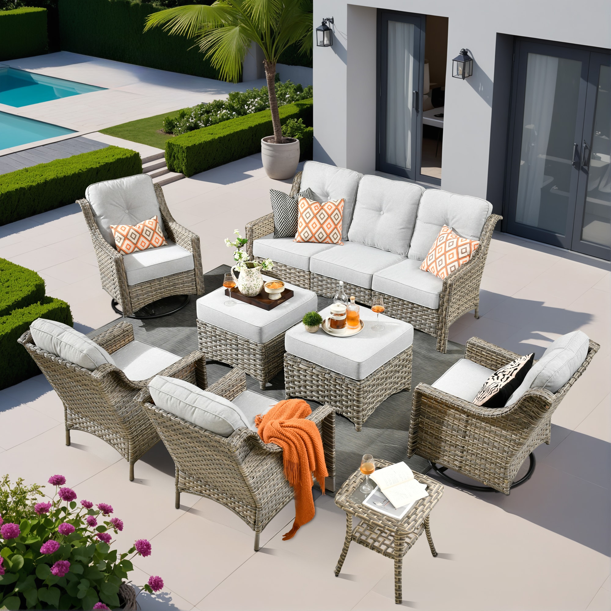 Caodoc L5-YZPAD408 New right-Angles Rattan Outdoor Sectional with Light gray Cushions and Rattan Frame
