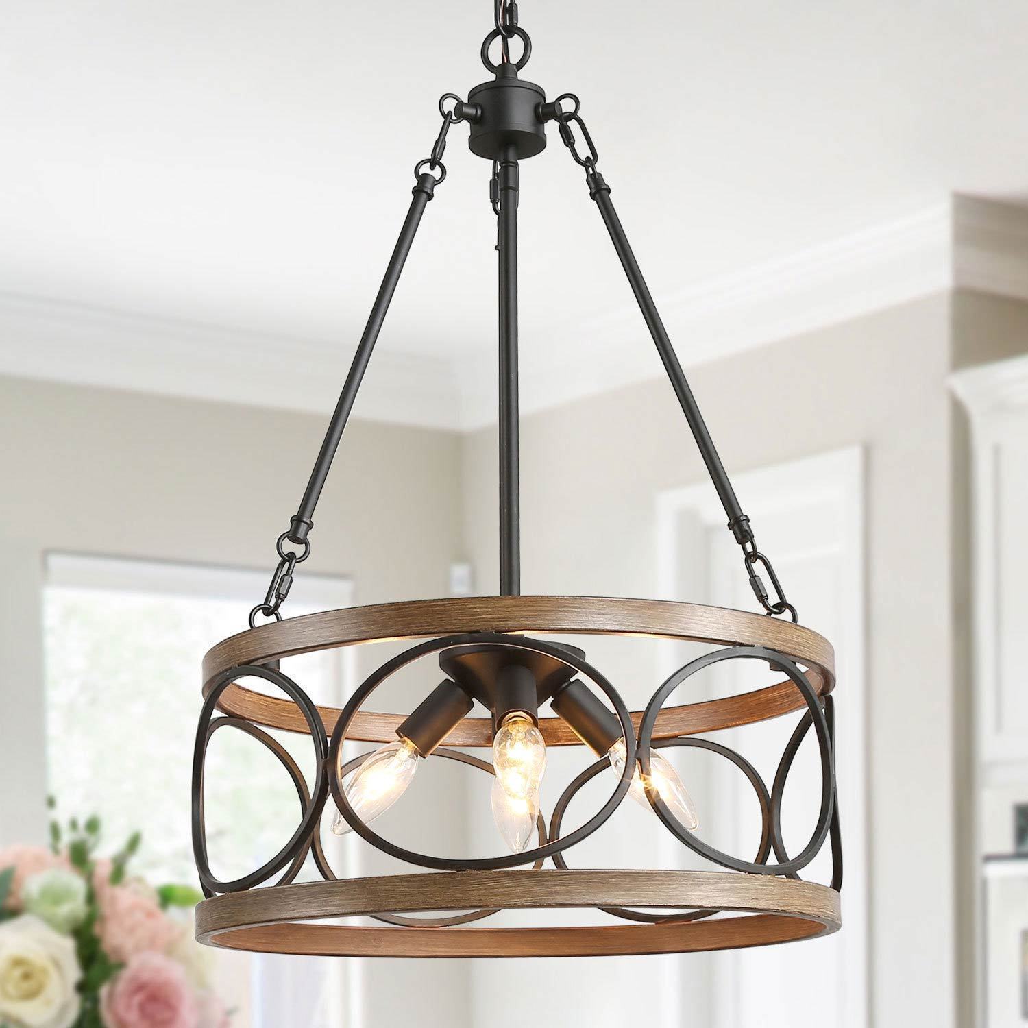 16'' Black and Brown Wood Drum Chandelier