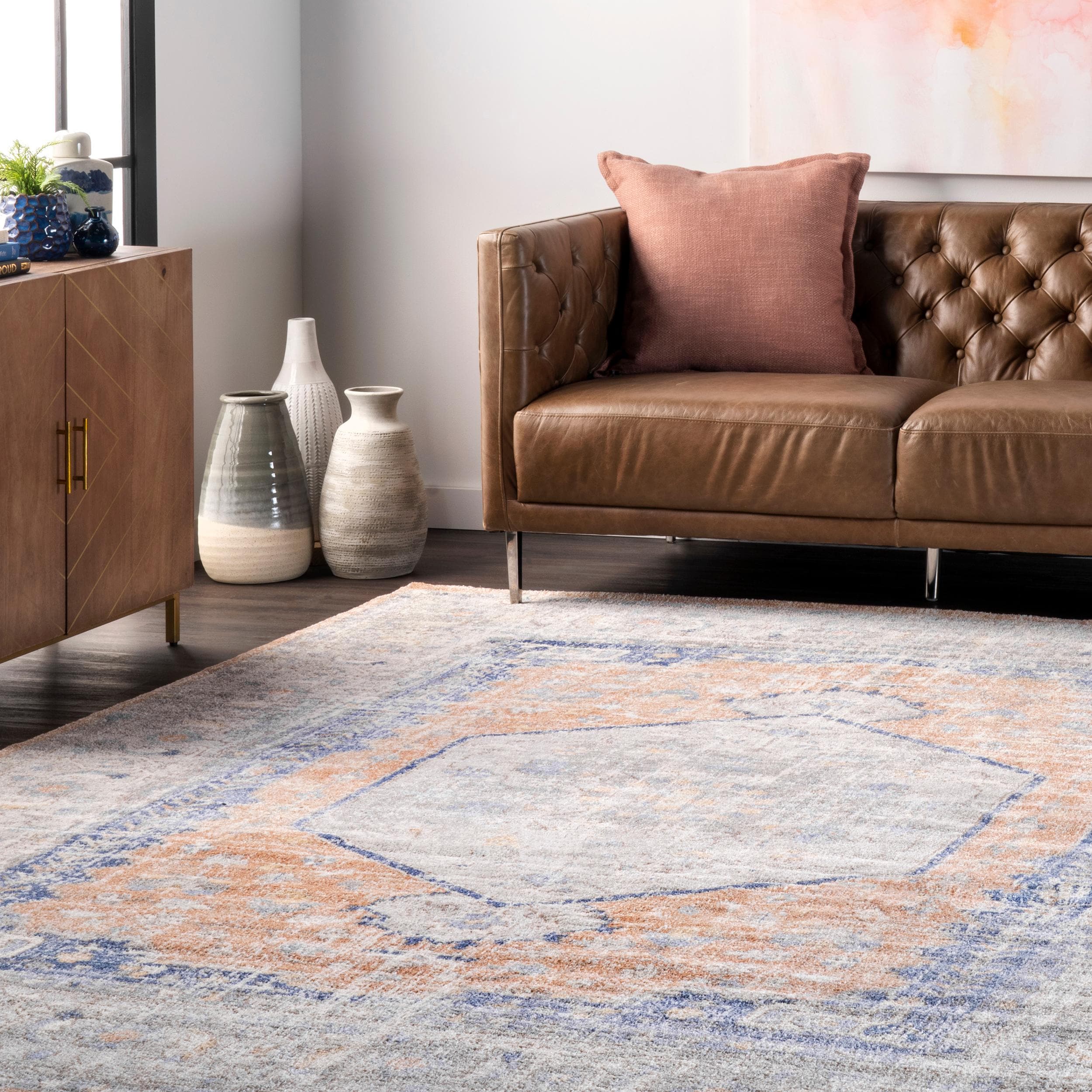 Vintage Orange and Blue Floral Square Area Rug