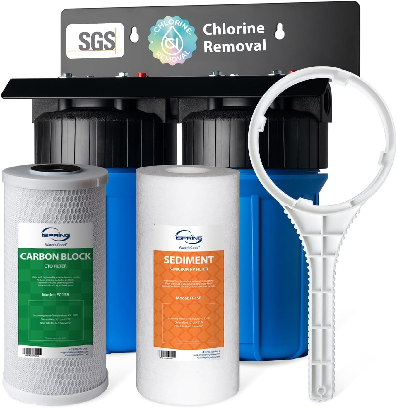 iSpring Whole House Water Filter System, Reduce 99 Chlorine, Chemical, Sediment, Taste Odor, SGS-Tested 5-Layer Whole House Filter System, 10in x 4.5in Filters 1-in Inlet/Outlet, Model: WGB21B Dual-Stage 15-GPM 5 Micron
