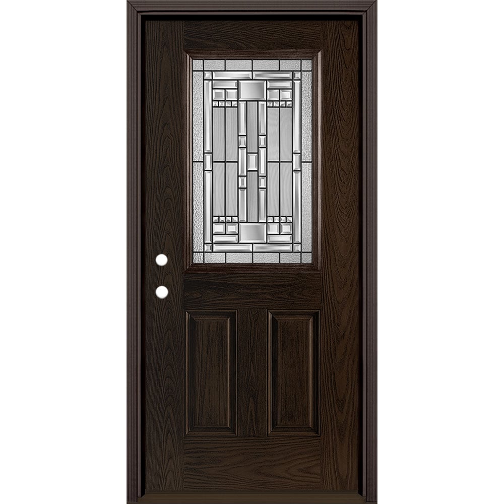 Masonite 3421030 Naples 36-in x 80-in x 4-9/16-in Fiberglass Half lite Right-hand inswing Walnut Stained Prehung Front Door with Brickmould Insulating core