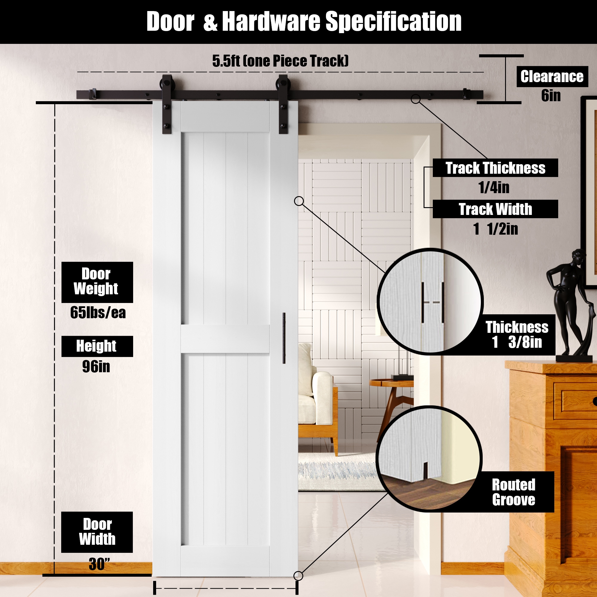 HOMACER YT1TGH066C-3096-H-WH Barn-Doors - View #2