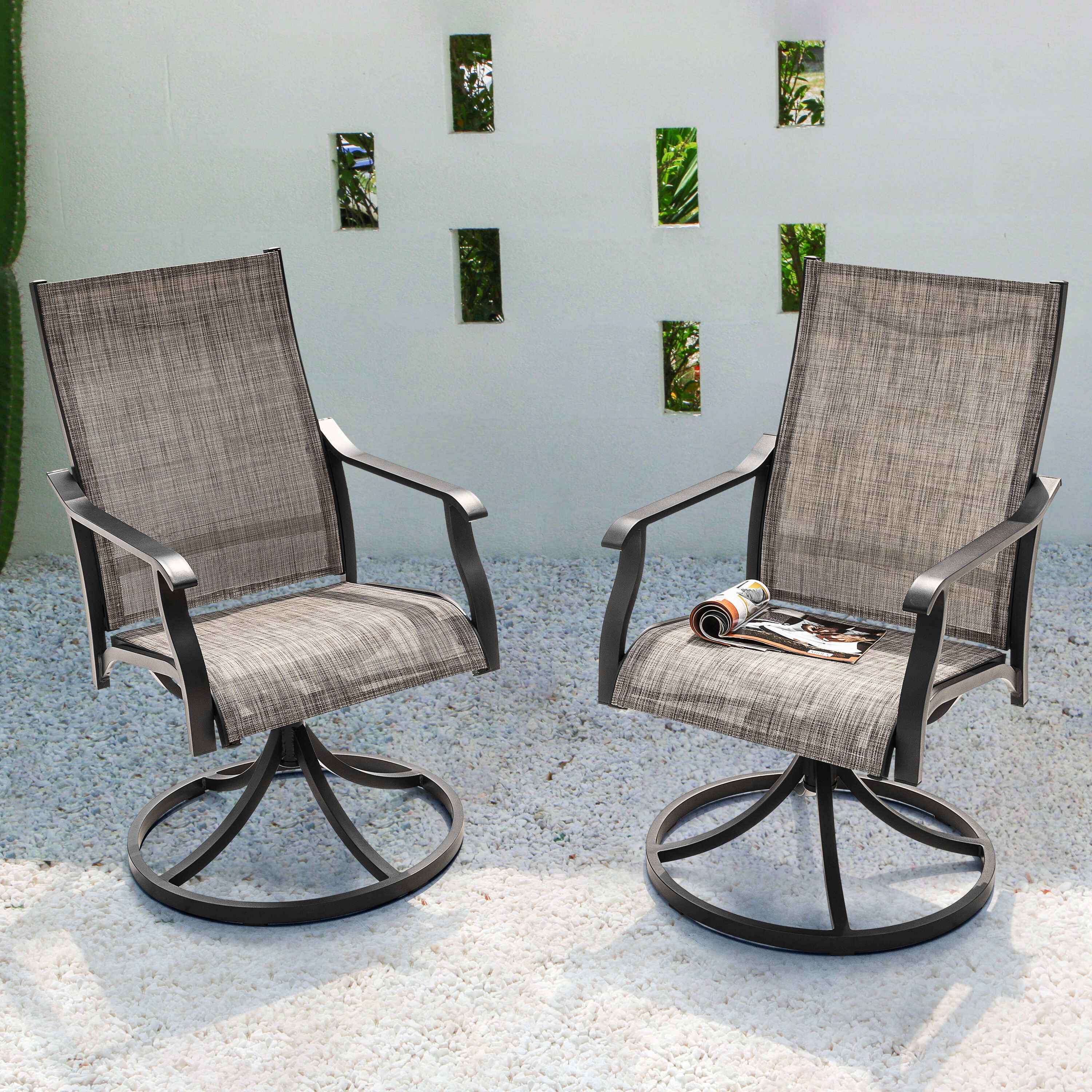 Nuu Garden DS102SA Patio Chairs Set of 2 Black Aluminum Frame Swivel Dining Chair with Brown Solid Seat