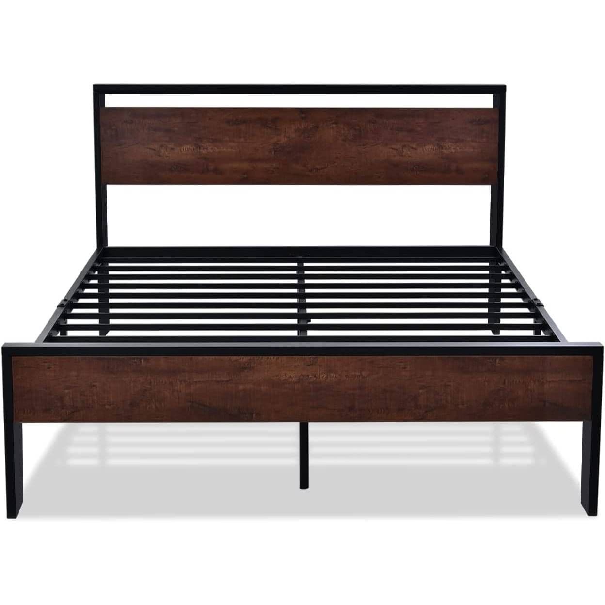Slickblue Brown and Black Full Metal Platform Bed for Main Bedroom with Mahogany Wood Panel Headboard Footboard and Underbed Storage