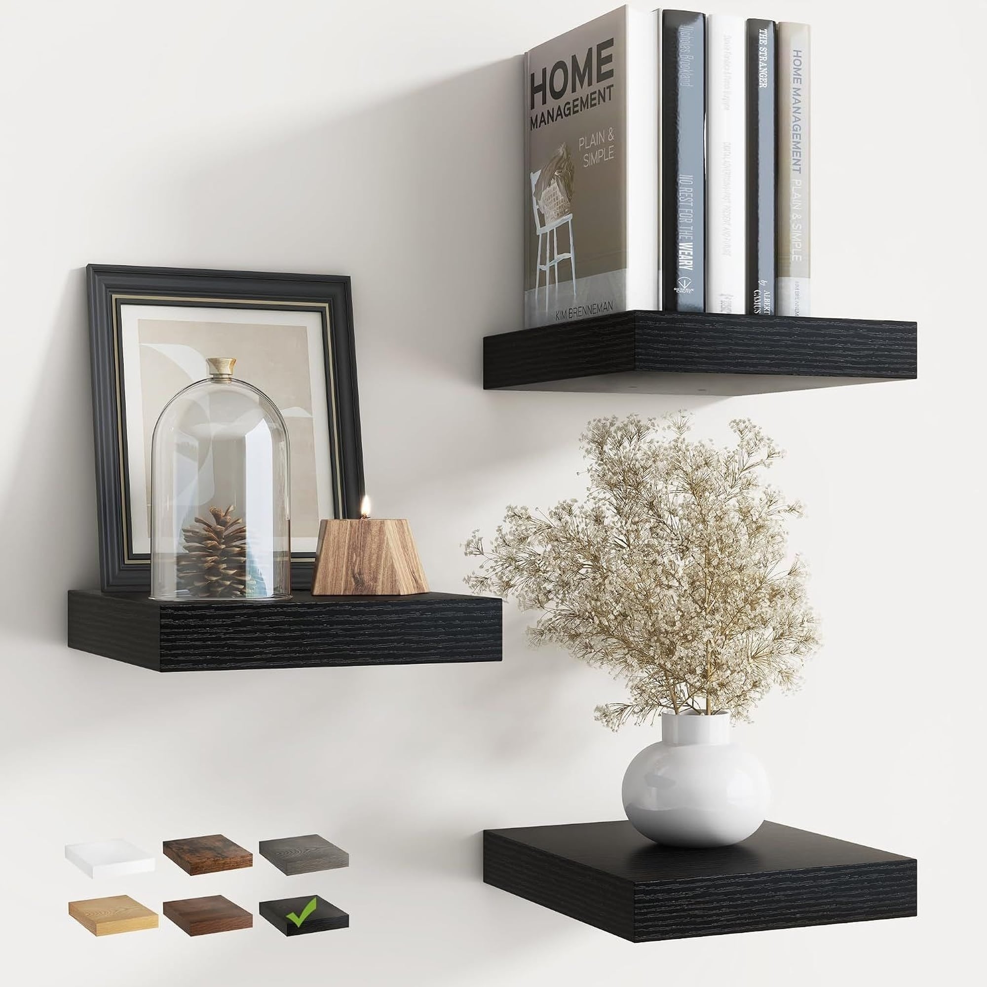 Wudkey Black 8 Inch Floating Shelves for Wall with Invisible Brackets Set of 3