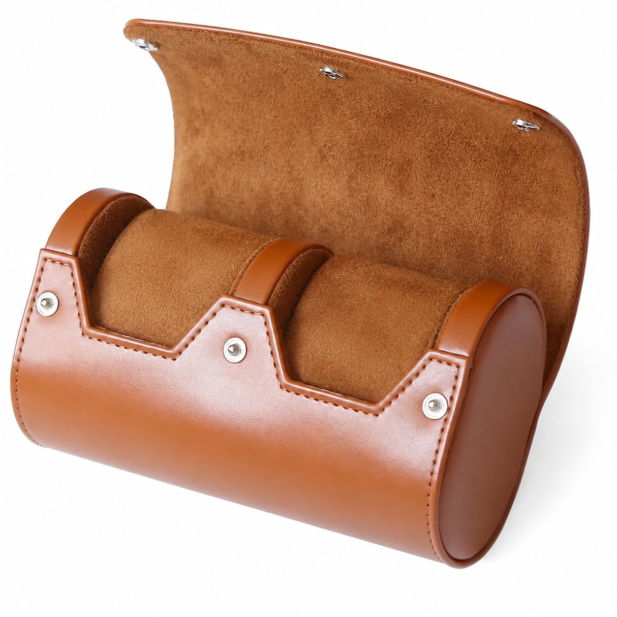 Etokfoks  Travel Series 2 Slot Light Brown PU Leather Suede Lining Watch Roll Case for Men Women Jewelry Organizer