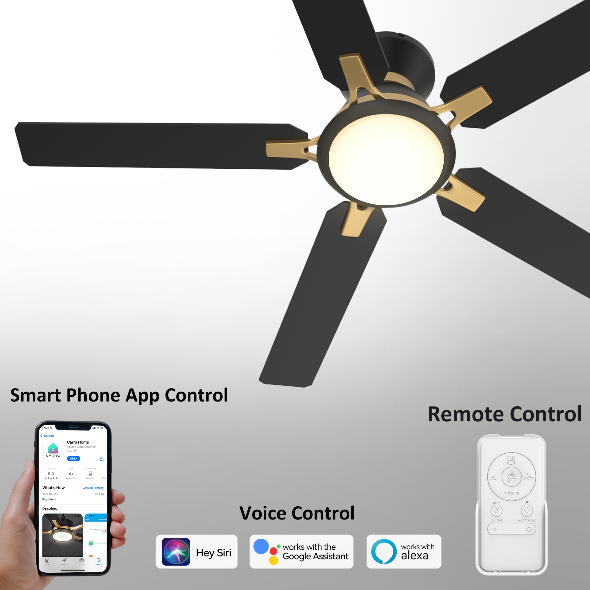 CARRO USA Essex 52-in Black Indoor/Outdoor Flush Mount Smart Ceiling Fan with Light and Remote (5-Blade) LS525J-L12-B2-1G-FM Sansujyuku sansujyuku.com