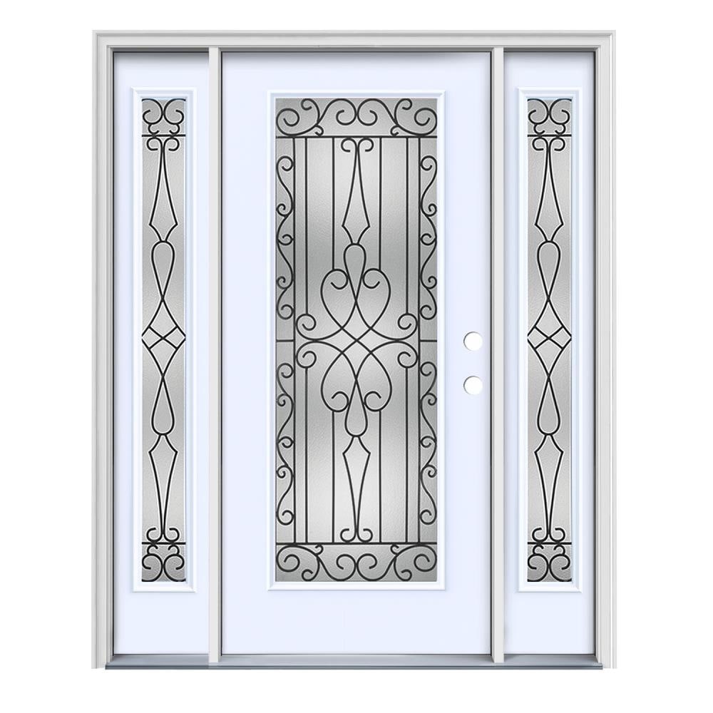 JELD-WEN LOWOLJW166501289 Wyngate 64-in x 80-in x 4-9/16-in Steel Full lite Left-hand inswing Primed Primed Prehung Single door with sidelights Front Door with Brickmould Insulating core Decorative glass