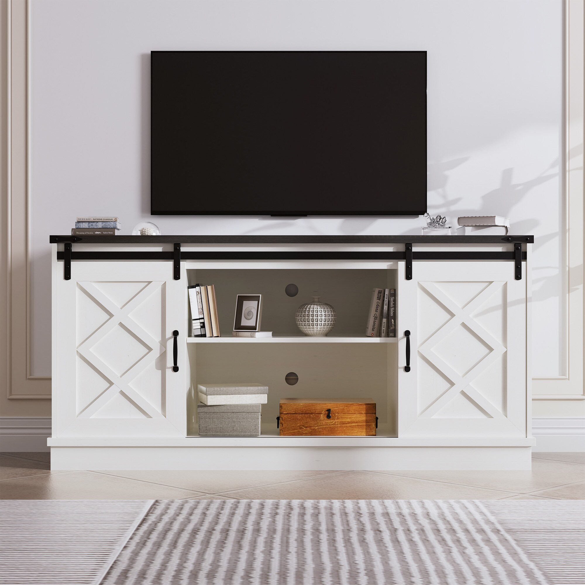 White Farmhouse 58" TV Stand with Sliding Barn Doors