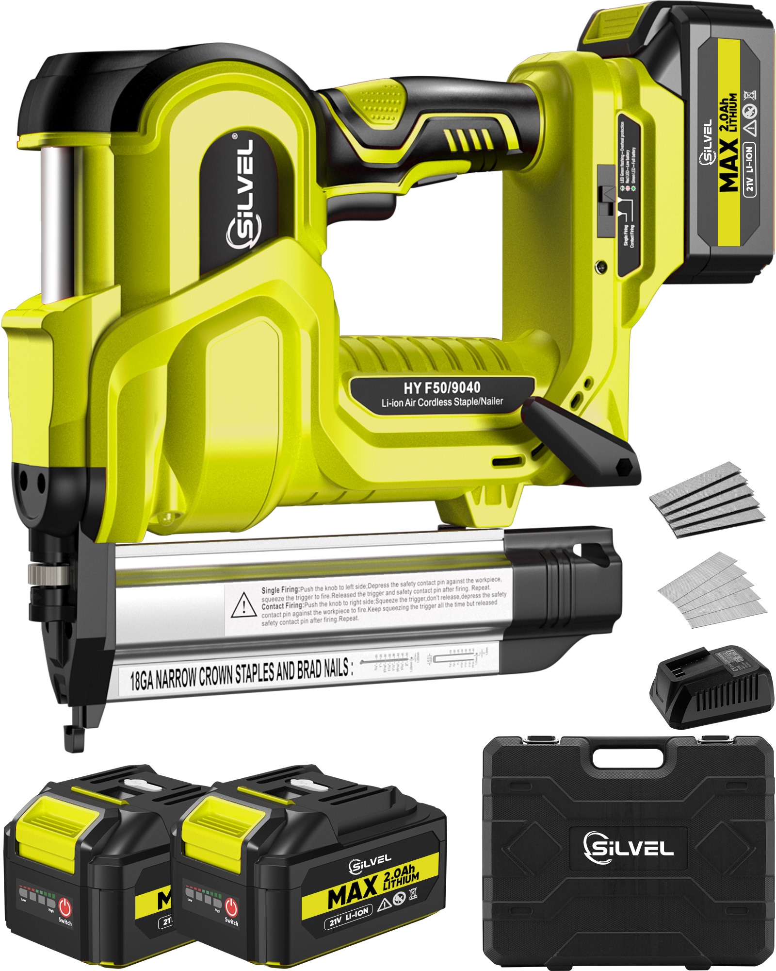Silvel Cordless Brad Nailer 2-in-1 Electric Staple Gun Rechargeable Lithium Battery 110-240V With 2Pcs 2Ah Battery Charger Adjustable Depth Nail Gun for Wood Carpentry DIY Green #KF100357US-06MHK-001