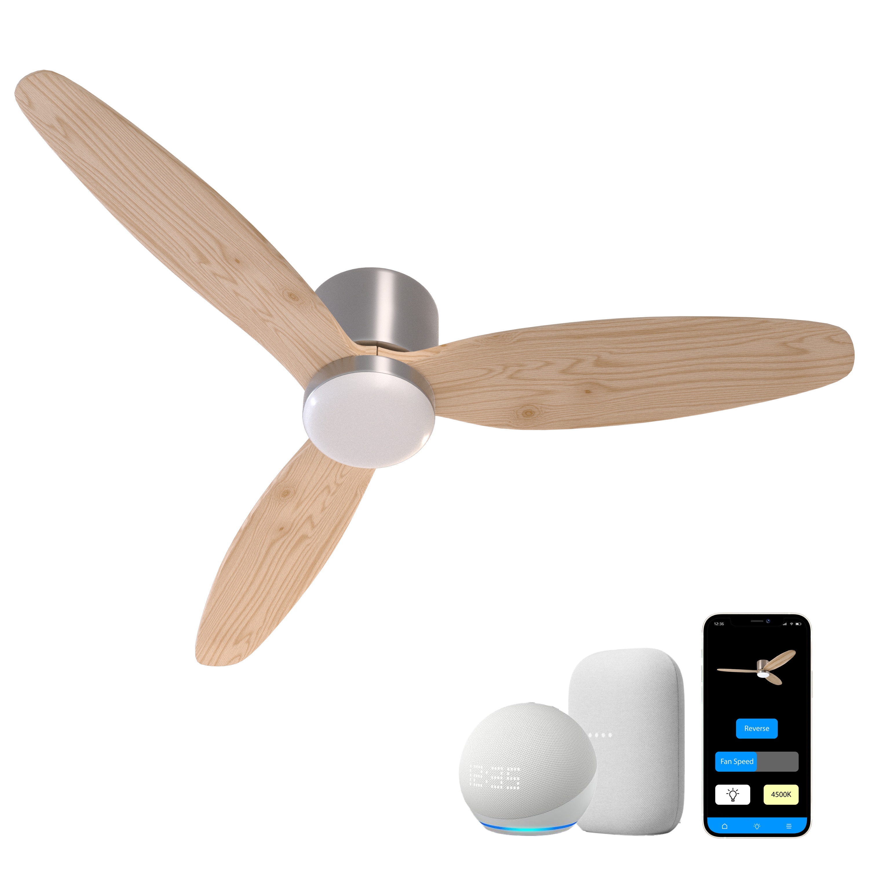 Promounts OHCF03-NT All Season Reversible Ceiling Fan with LED Lights 52-in Color-Changing Smart Satin Nickel with Natural wood - Sycamore Blades Propeller Ceiling Fan With Light ( 3 -Blade )