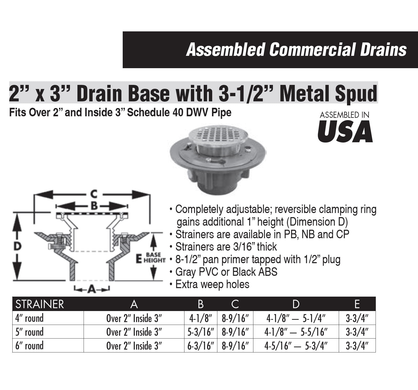 Jones Stephens 2 inch x 3 inch PVC Shower Drain with 2 inch PVC Spud and