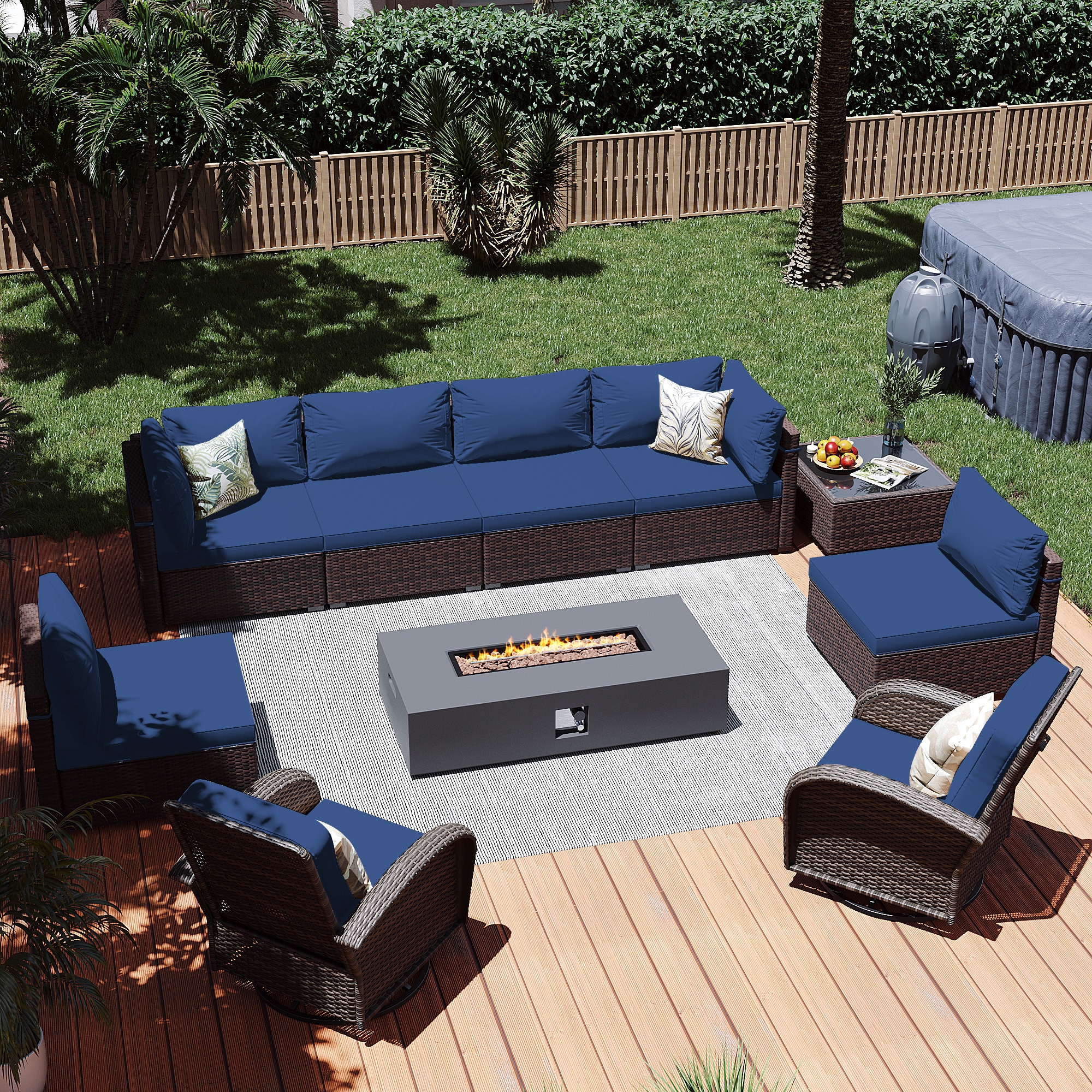 Patio Watcher LS-RT7Y11-56MDK-B2 10 -Piece Rattan Patio Conversation Set with Blue Cushions