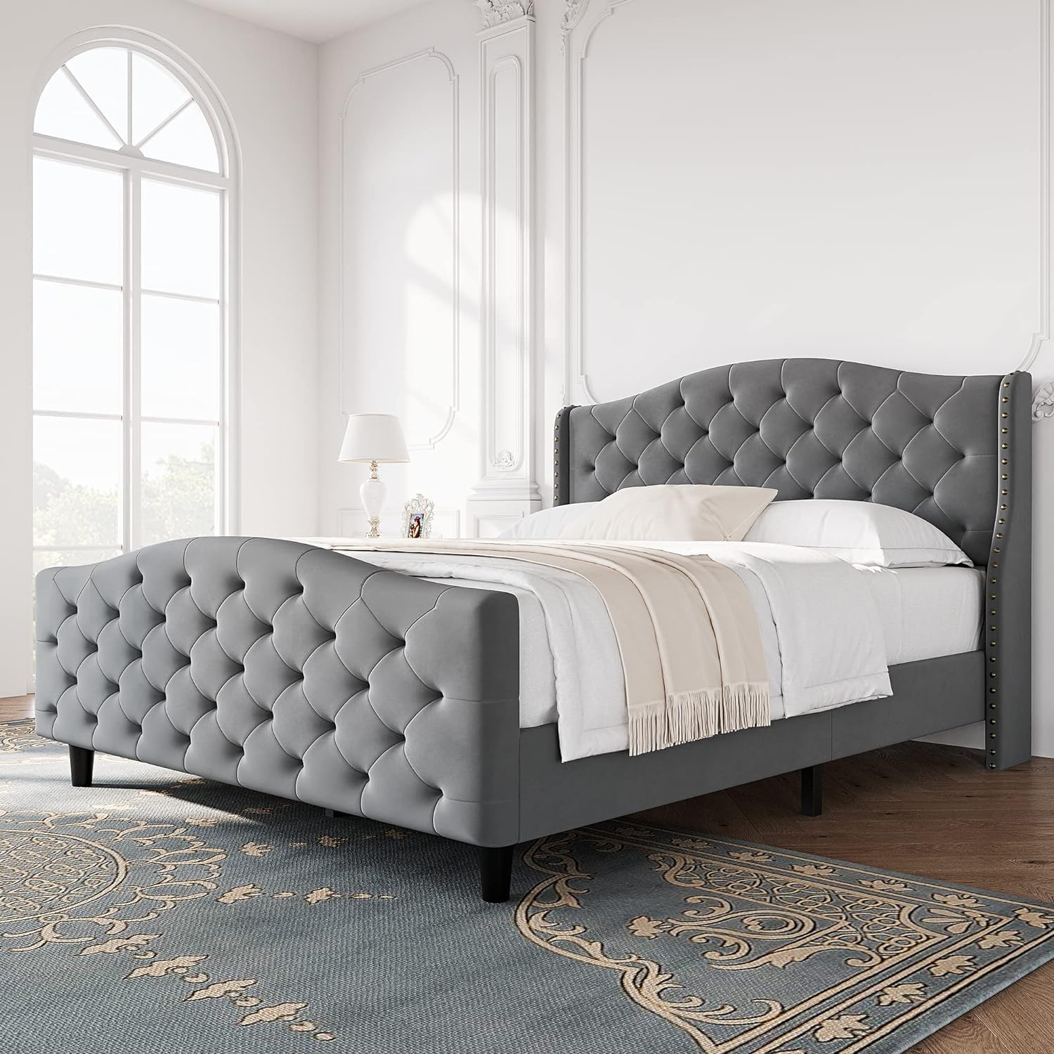 Qeetex WWJ-PHO-0WPQCYH3 Queen Platform Bed Frame 44.5 High Headboard Tall Upholstered Bed Velvet Upholstered Bed Frame with Nailhead Trim Wooden Slats Support Easy Assembly(Grey Queen)