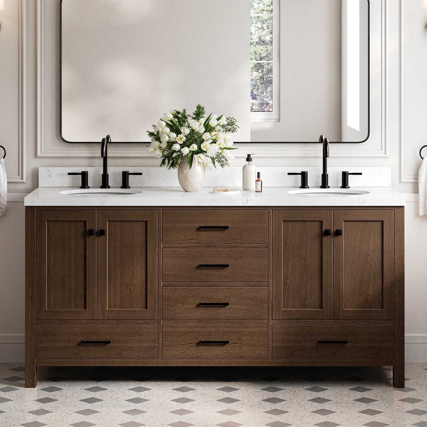 ARIEL - Cambridge 72-in Brown Oak Undermount Double Sink Bathroom Vanity with Carrara White Quart...