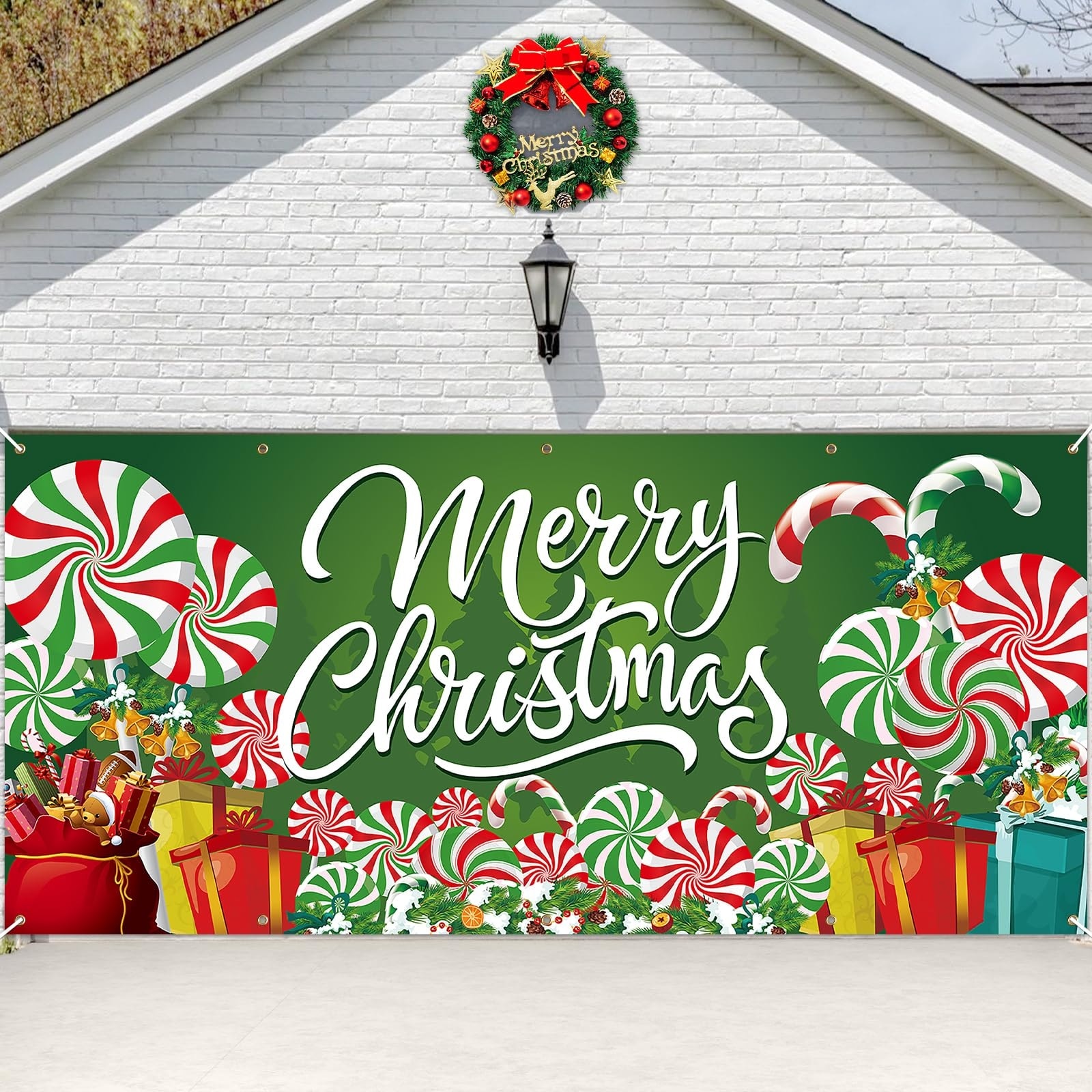 Etokfoks  Christmas garage door cover 13 x 6 ft candy cane gift box print backdrop with copper rings and 65 ft rope decor