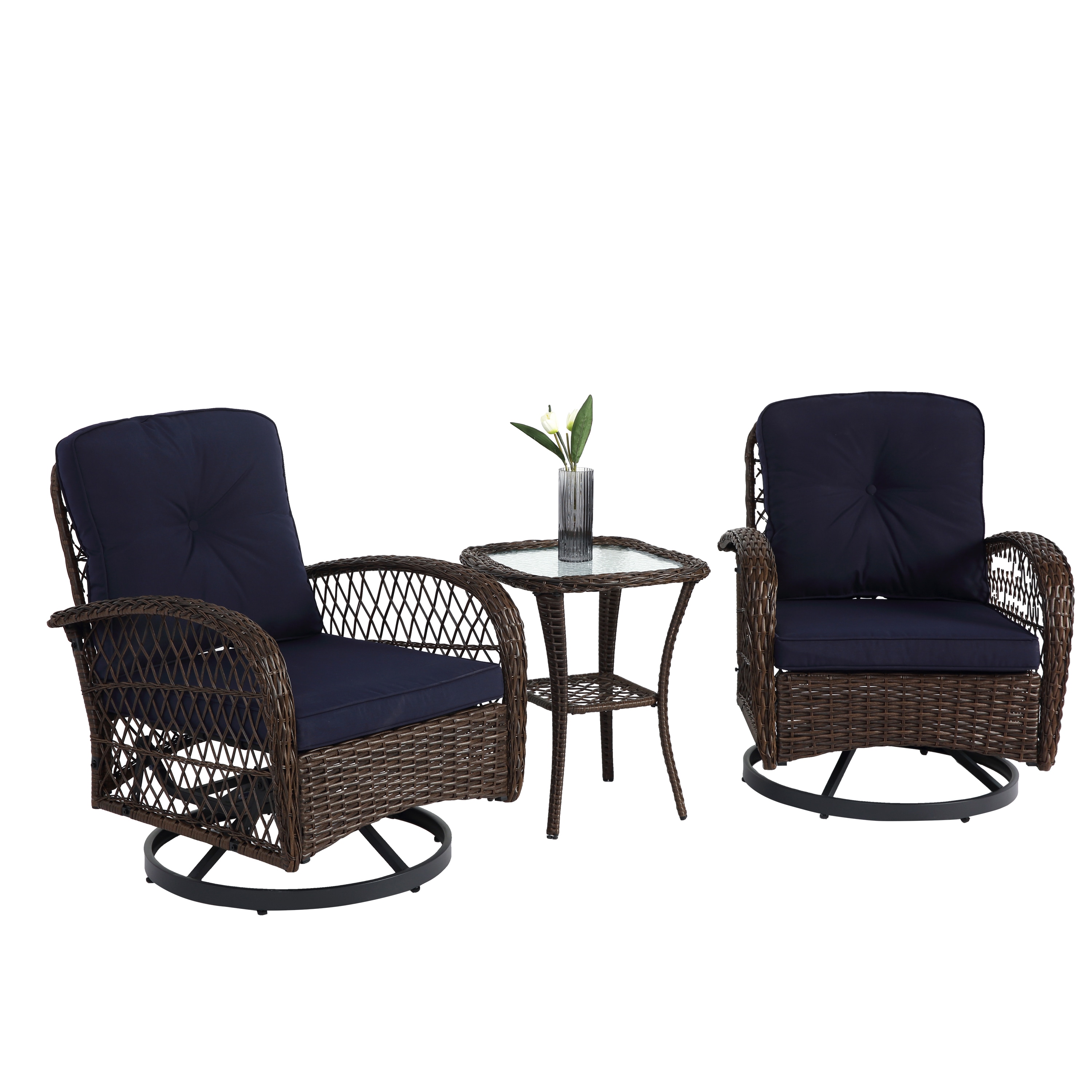 AHIOU HOME ZAAHG-P263674PS Alton 3 -Piece Rattan Patio Conversation Set with Blue Cushions