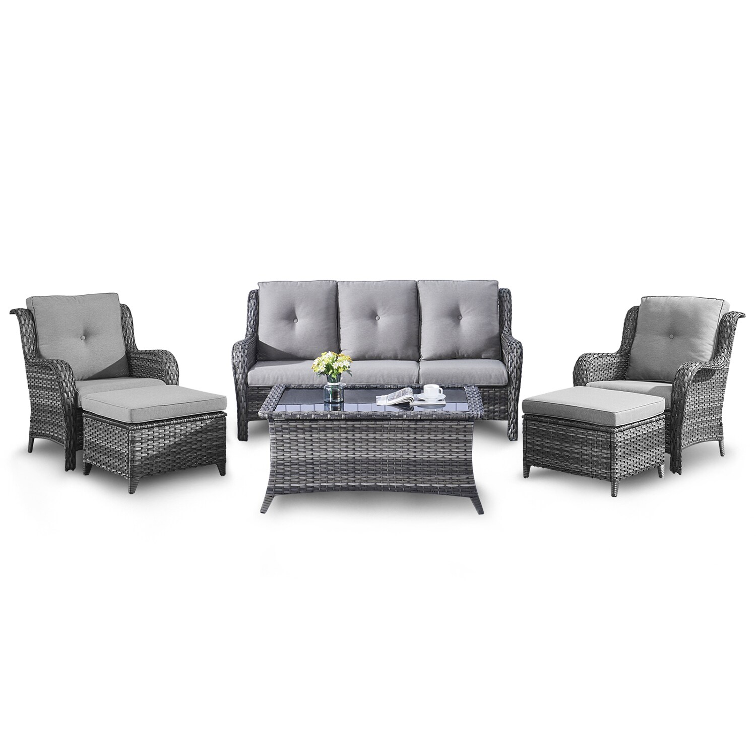 Rilyson FS015019017016-2 Curved Handrail 6 -Piece Wicker Patio Sofa Conversation Set with Gray Cushions