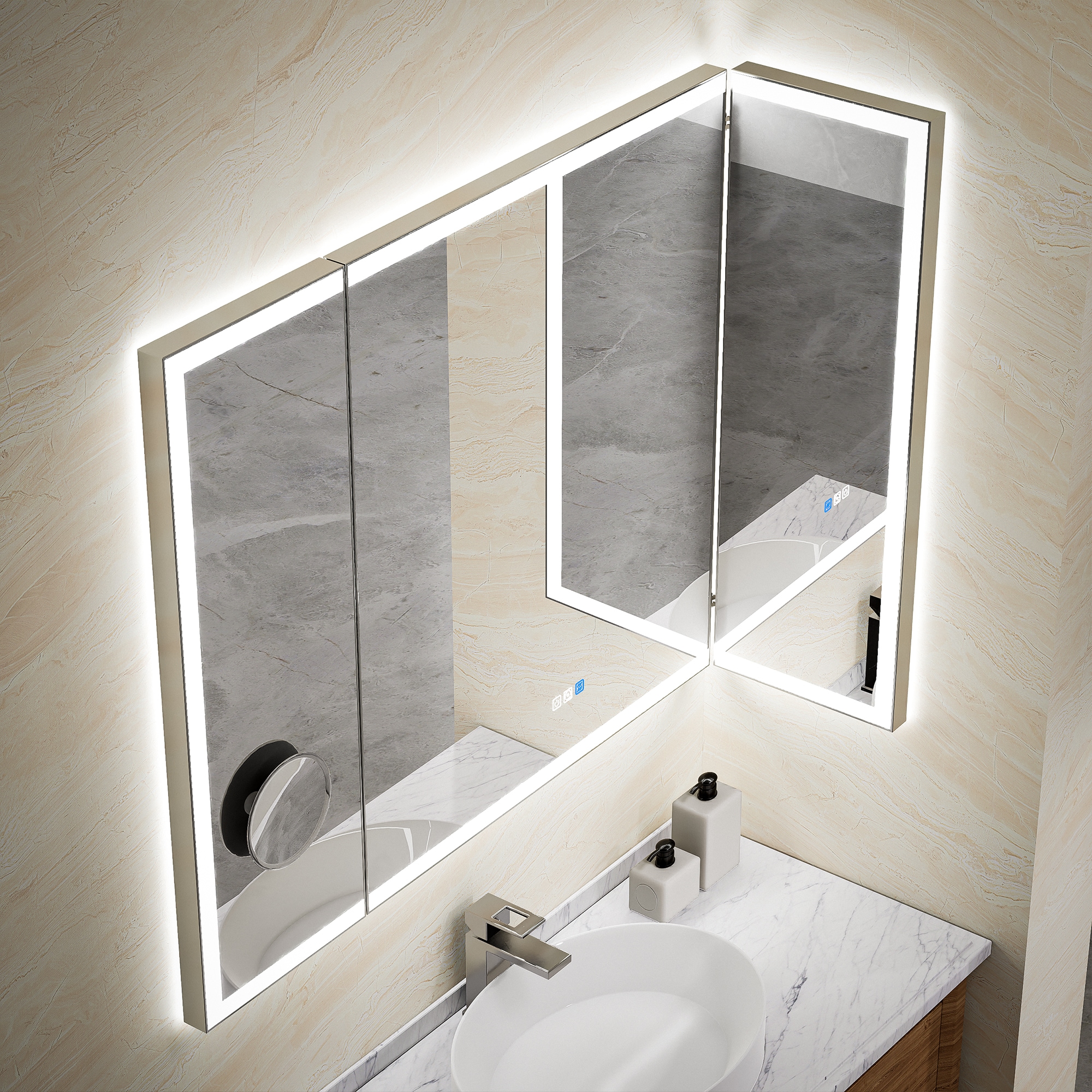 WELLFOR EX-TF3696 V9 Foldable Mirror 54-Inches x 36-Inches Framed Rectangle Dimmable Lighted Fog Free Bathroom Vanity Mirror ( Silver )