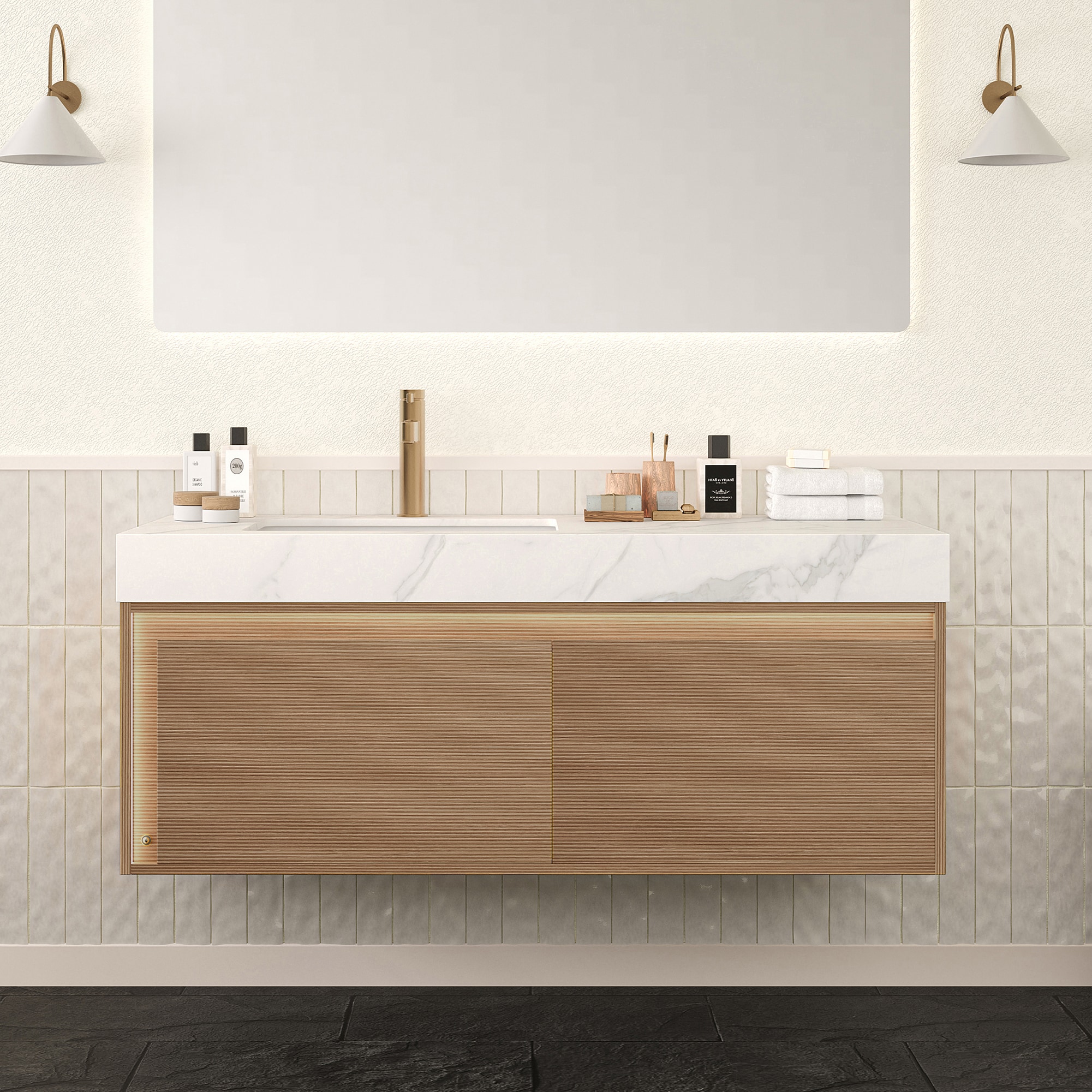 Afhocomp 48.00 in. Single Sink Wall-mount Light Oak Bath Vanity with White Sintered Stone Top Carrara White Sintered Stone Sink Assembled