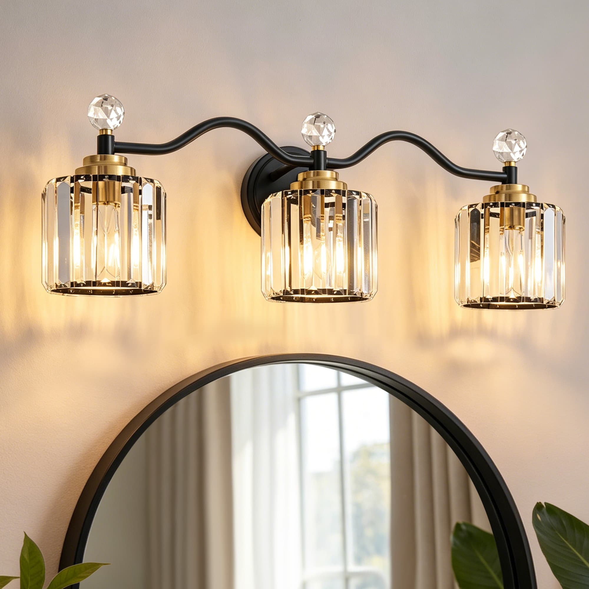 Lanmate  3 -Light Crystal Vanity Light Fixture Bathroom Wall Mounted Vanity Light Black Gold 26-in