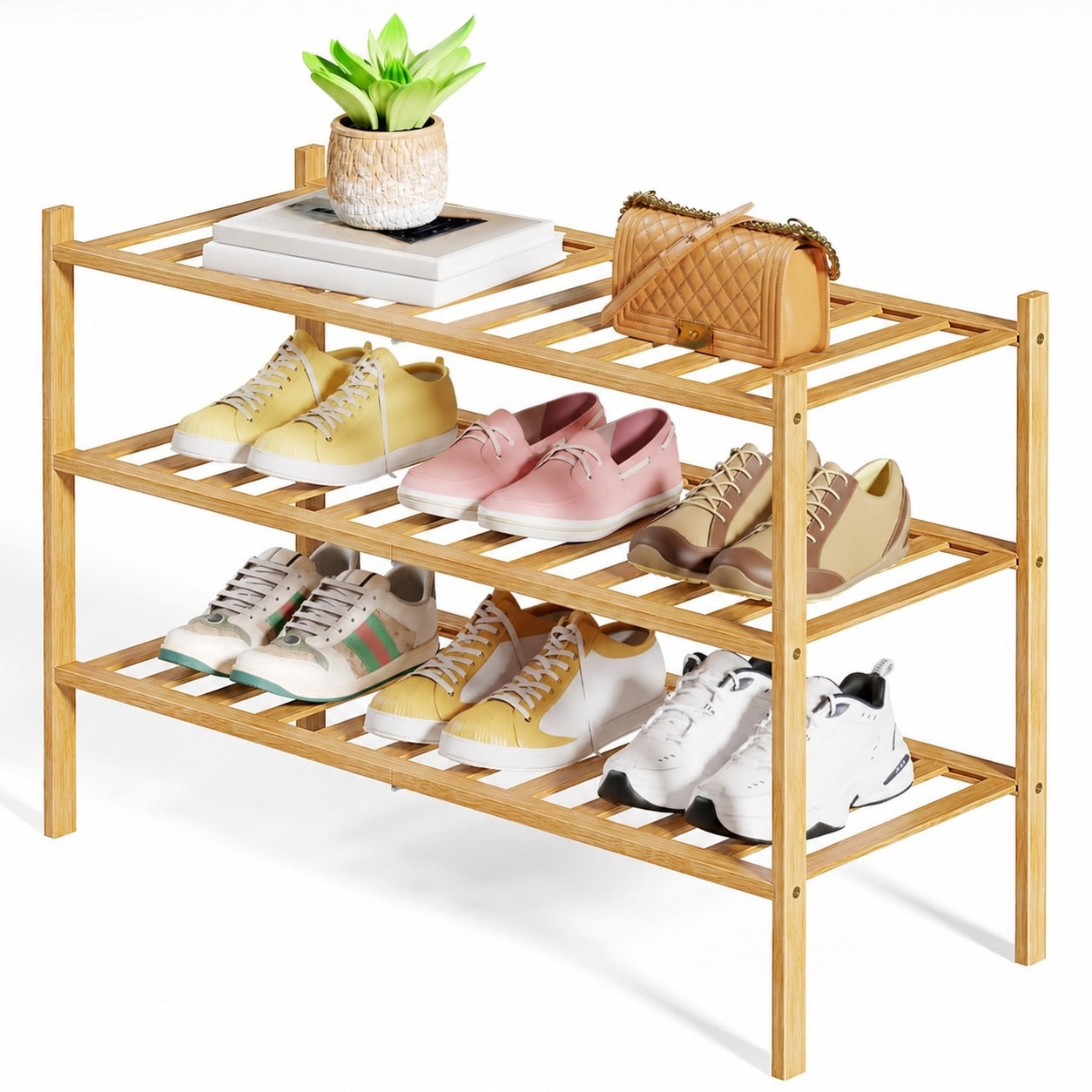 Phewnyzo  Bamboo Shoe Rack 3 Tier Stackable Modular Organizer Natural Wood Shelf for Entryway Closet Bedroom Space Saving Storage 26 Point 8 x 11 x