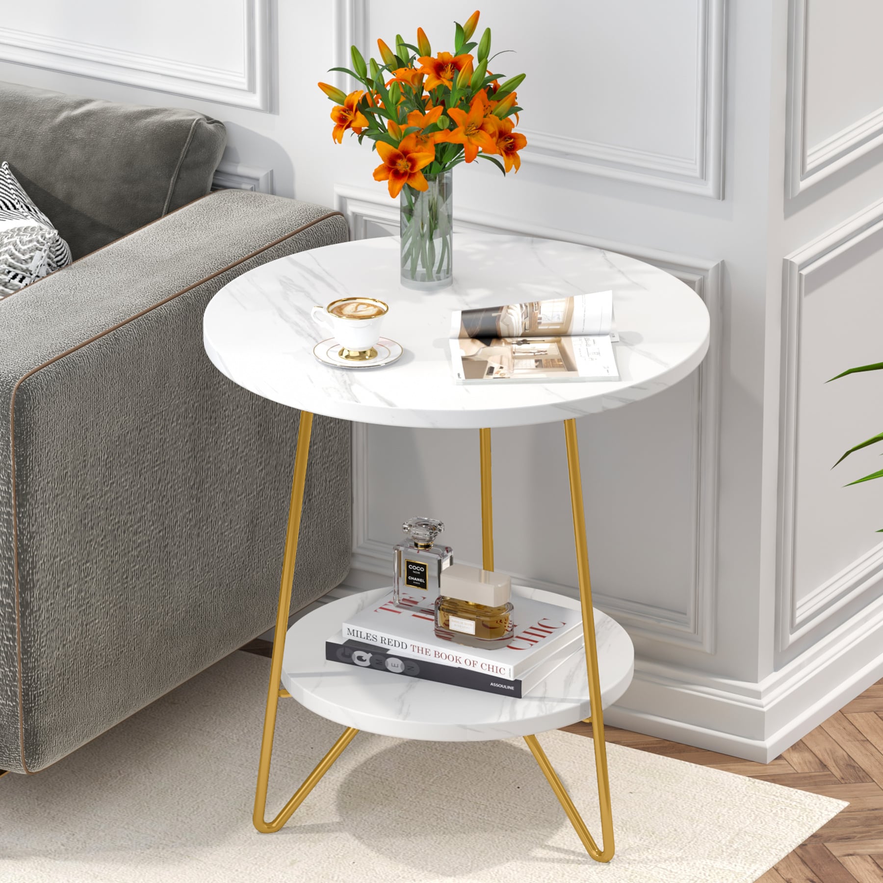 Fnova LWTJ-J0202 End table 19-in W x 22-in H Faux marble Wood Round Modern End Table Assembly Required