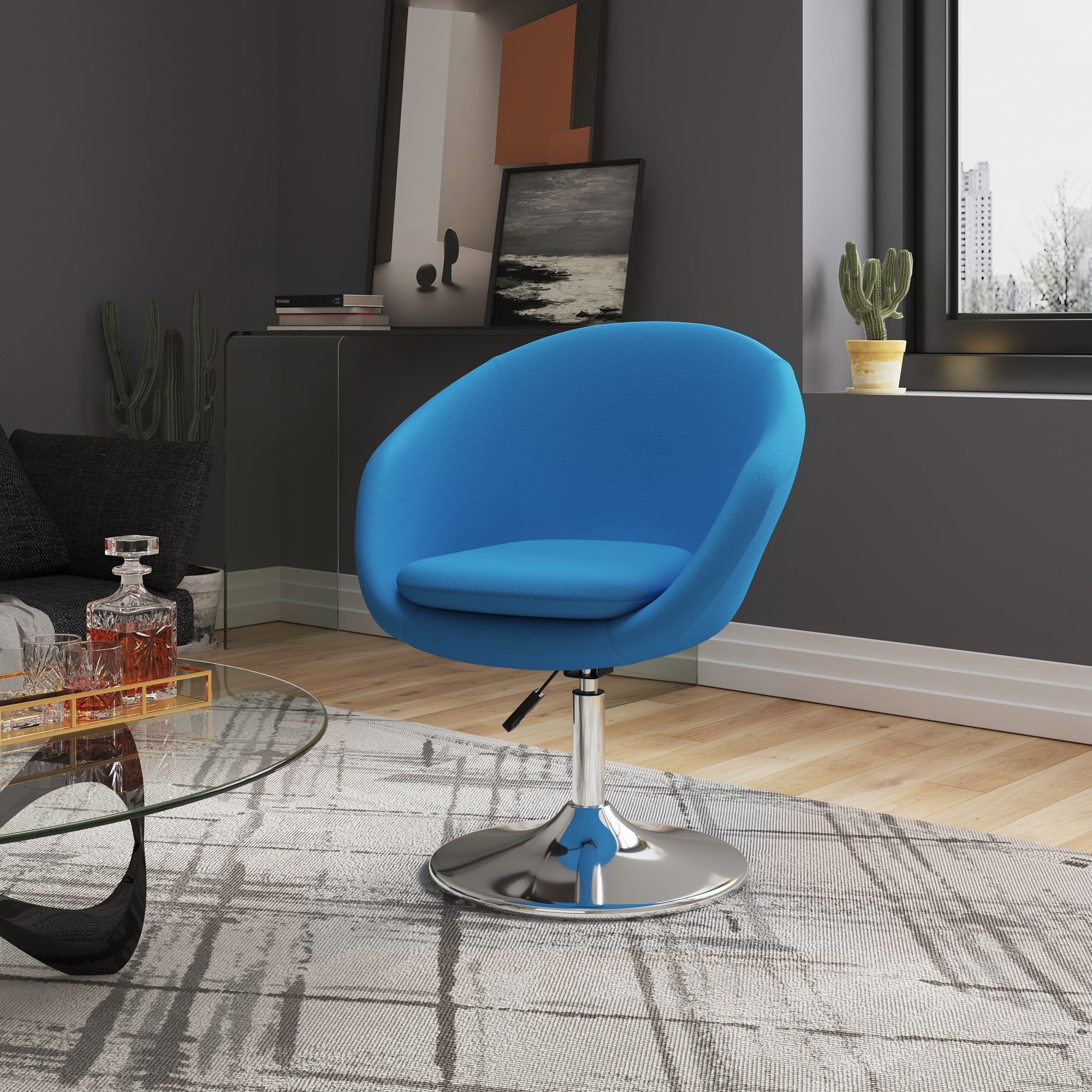 Manhattan Comfort 2-AC036-BL 2 Modern Blue and Polished Chrome Wool Accent Chair