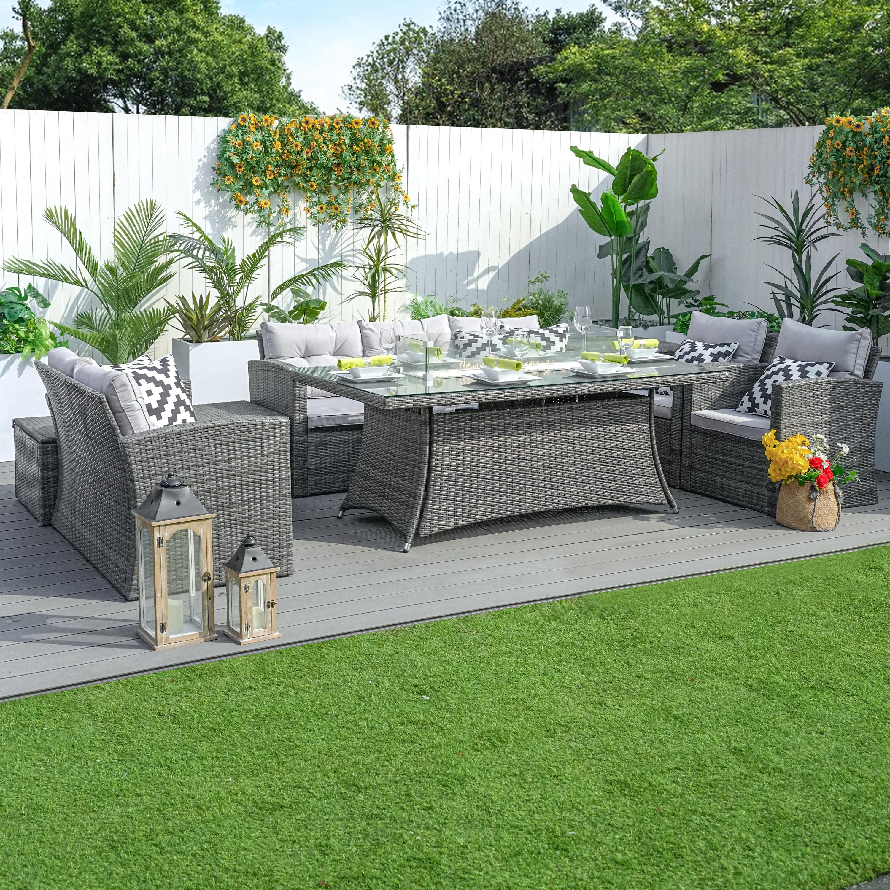 Direct Wicker DWG-1503&06R-GR 7 -Piece Gray Wicker Patio Dining Set Aluminum Rectangle Table with 4 Gray Cushions Stationary Chairs Fire Pit Included