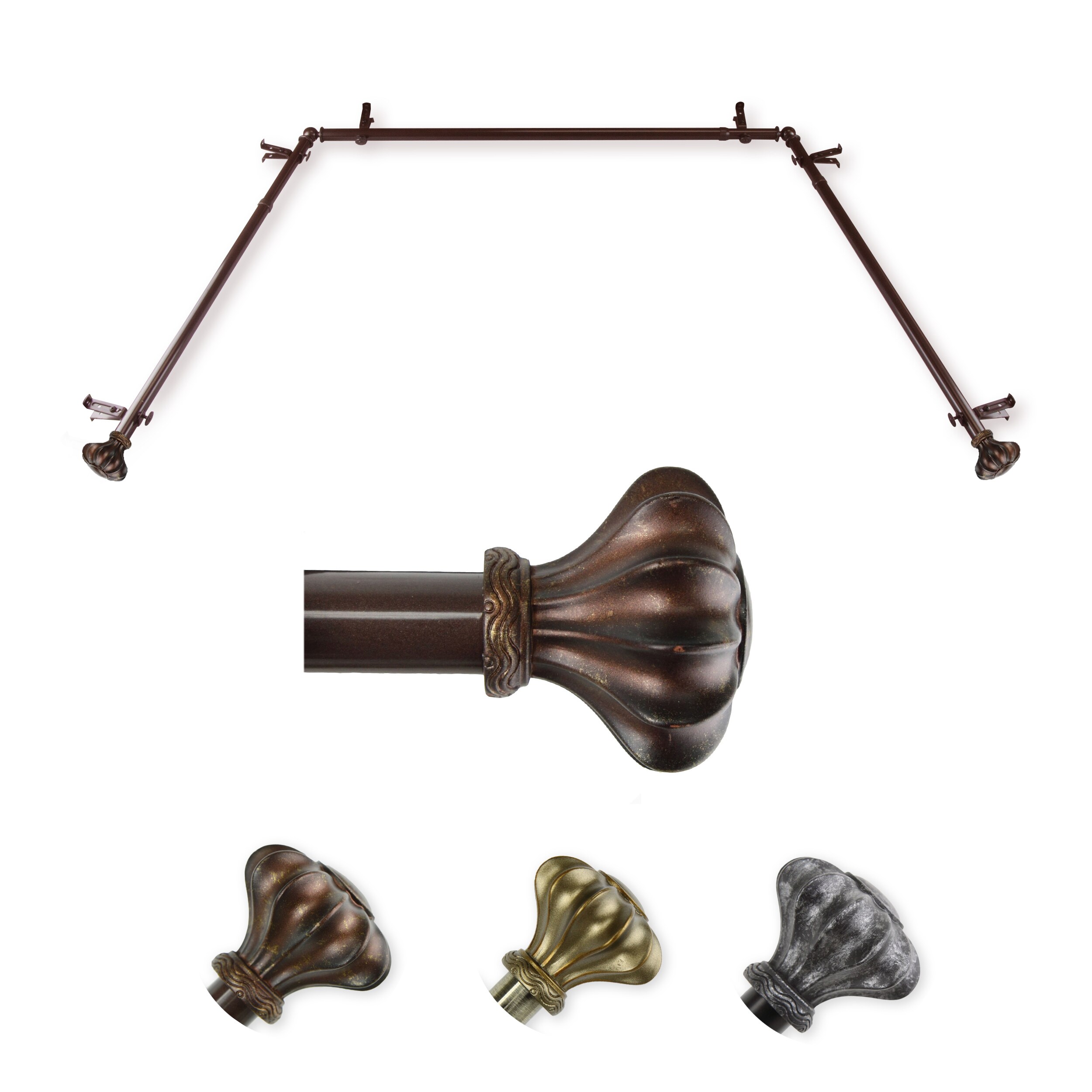Hart & Harlow LO-ABAY-03-7 72-in to 144-in Cocoa Steel Bay window curtain rod with Finials