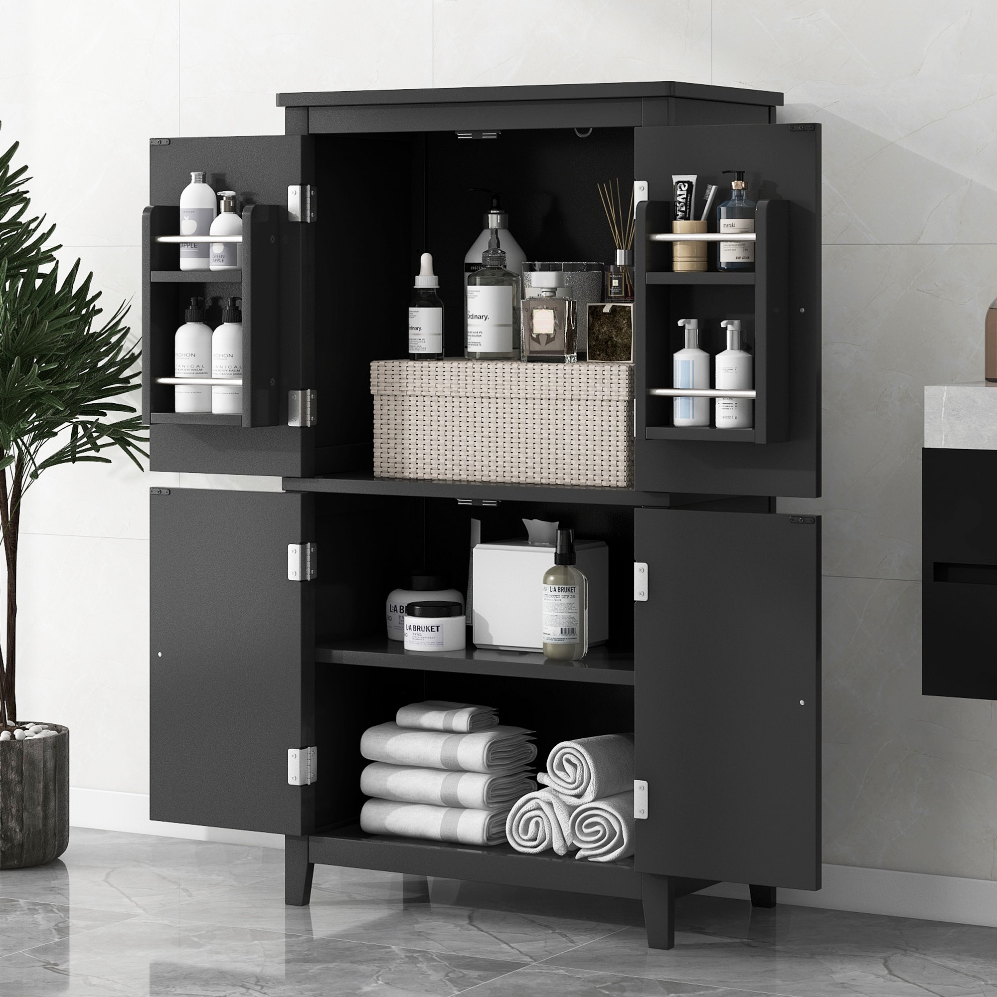 LUXEYARD Elegant Bathroom Floor Storage Cabinet Bathroom Storage Unit Freestanding Cabinet with 4 Doors Adjustable Shelves Adaptable Shelves Black