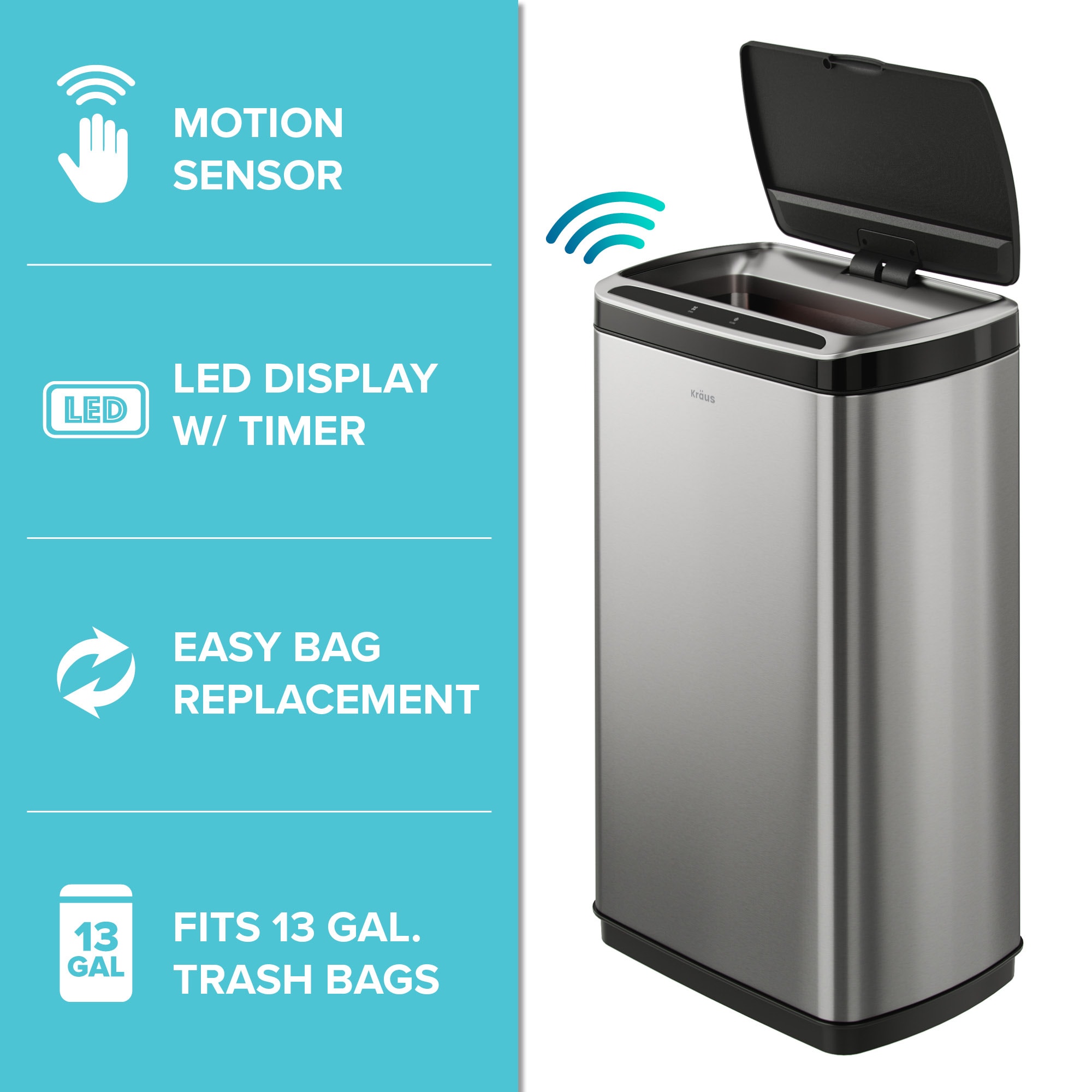 Dkeli Kitchen Trash Can 13 Gallon Garbage Can Automatic Sensor Waste Bin  Touchless Stainless Steel Trash Can with Lid for Home Bathroom Office,  Silver