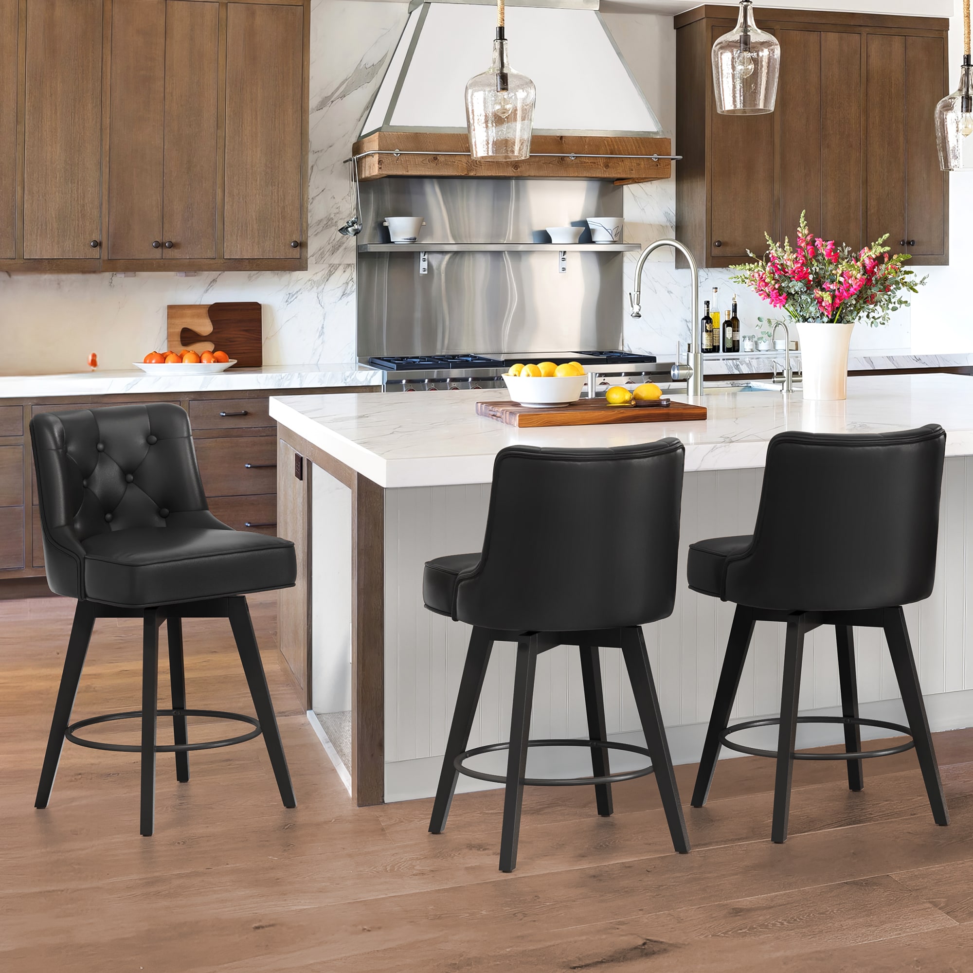 LUE BONA 3YB-155-03LS 3 -Set Black/Faux leather 26-Inches H Counter height Square seat Upholstered Swivel Wood Bar Stool and Back