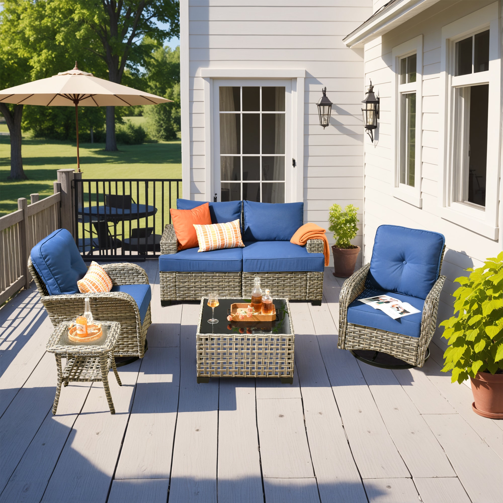 ALTRIGUS 6L-VYZTBS706-AL 6 -Piece Wicker Patio Sofa Conversation Set with Navy Cushions