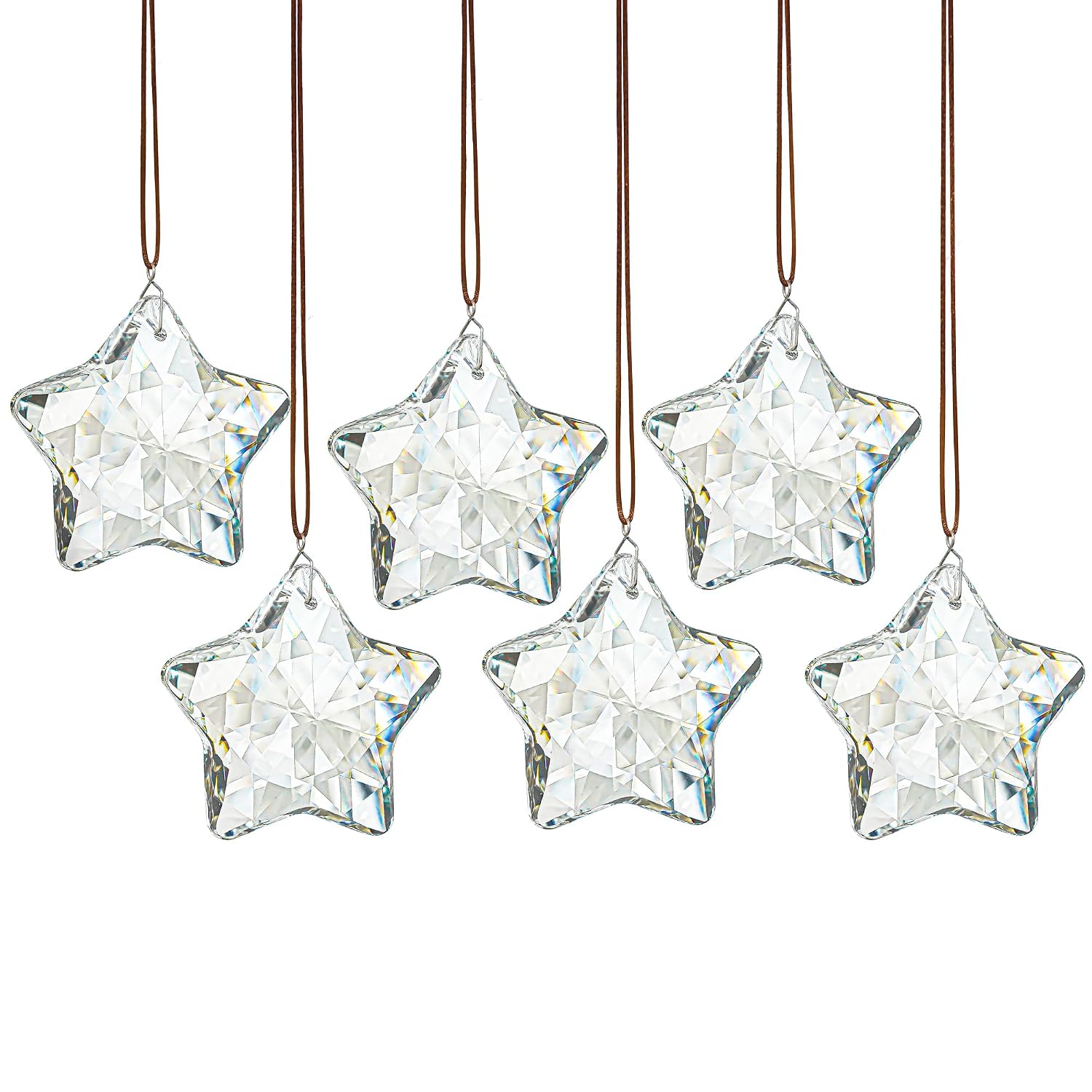 Shareconn Clear Glass Star Ornaments 6-Pack 1.9-Inch Faceted Hanging Christmas Tree Decorations with Ribbon