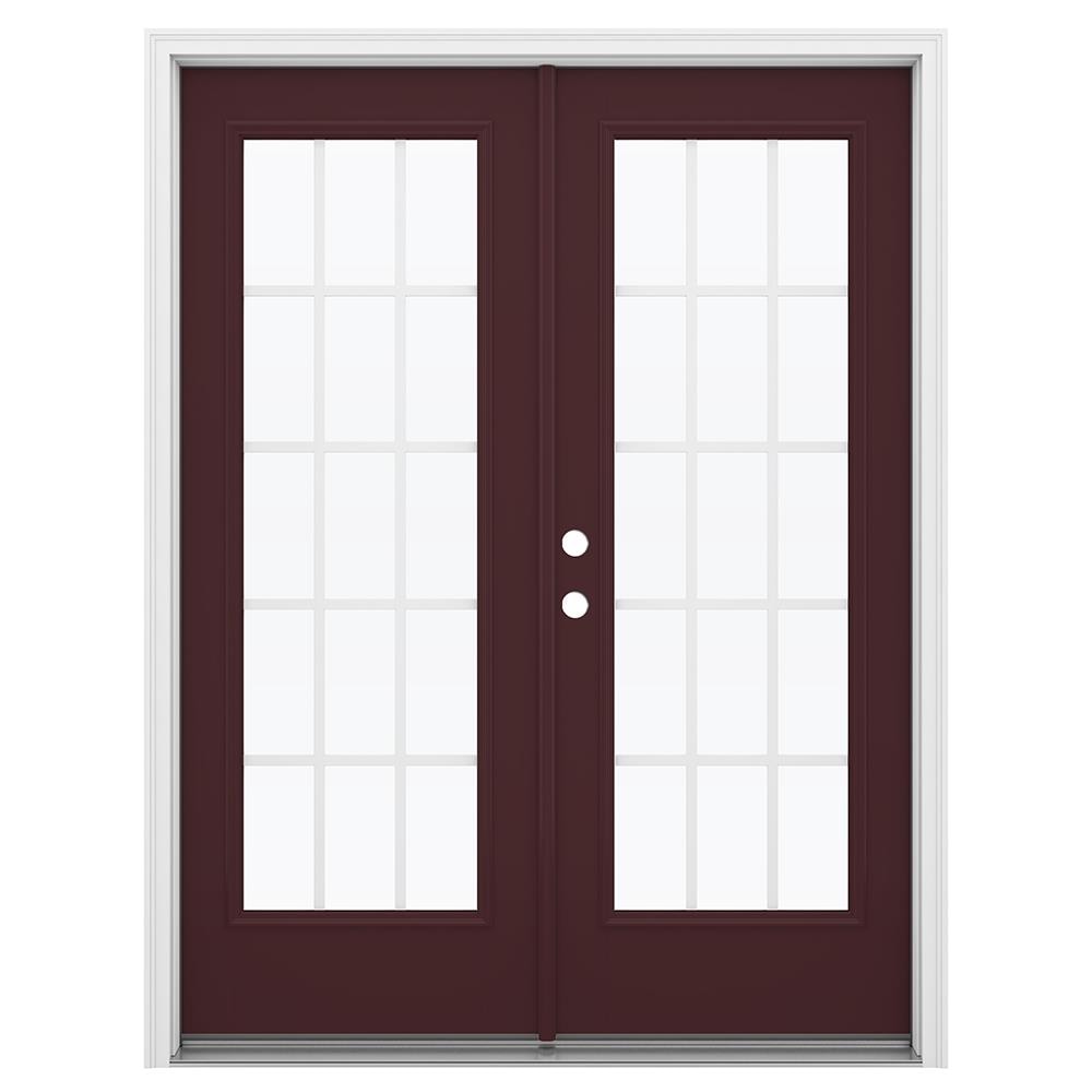 JELD-WEN 60-in x 80-in x 4-9/16-in Jamb Low-e Grilles Between The Glass Currant Fiberglass French Right-Hand Inswing Double Patio Door Brickmould -  LOWOLJW184100136