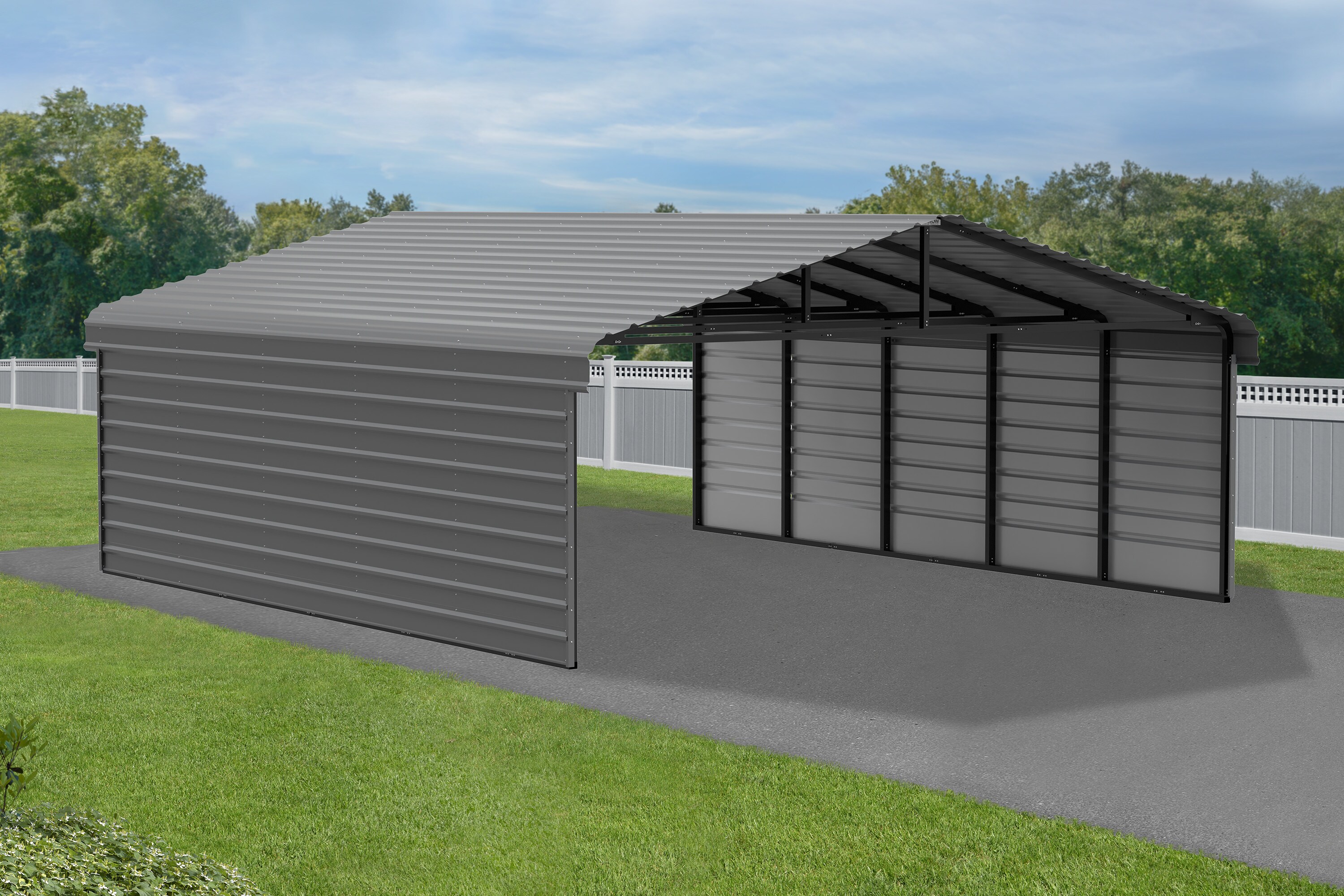 Charcoal Galvanized Steel Carport Kit with 2-Sided Enclosure