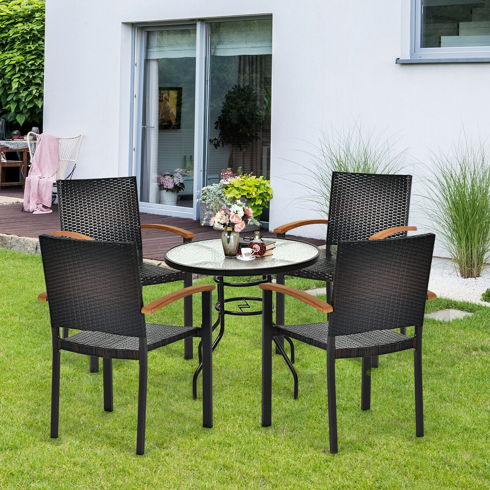 Black Wicker and Acacia Wood Stackable Outdoor Dining Chairs, Set of 4