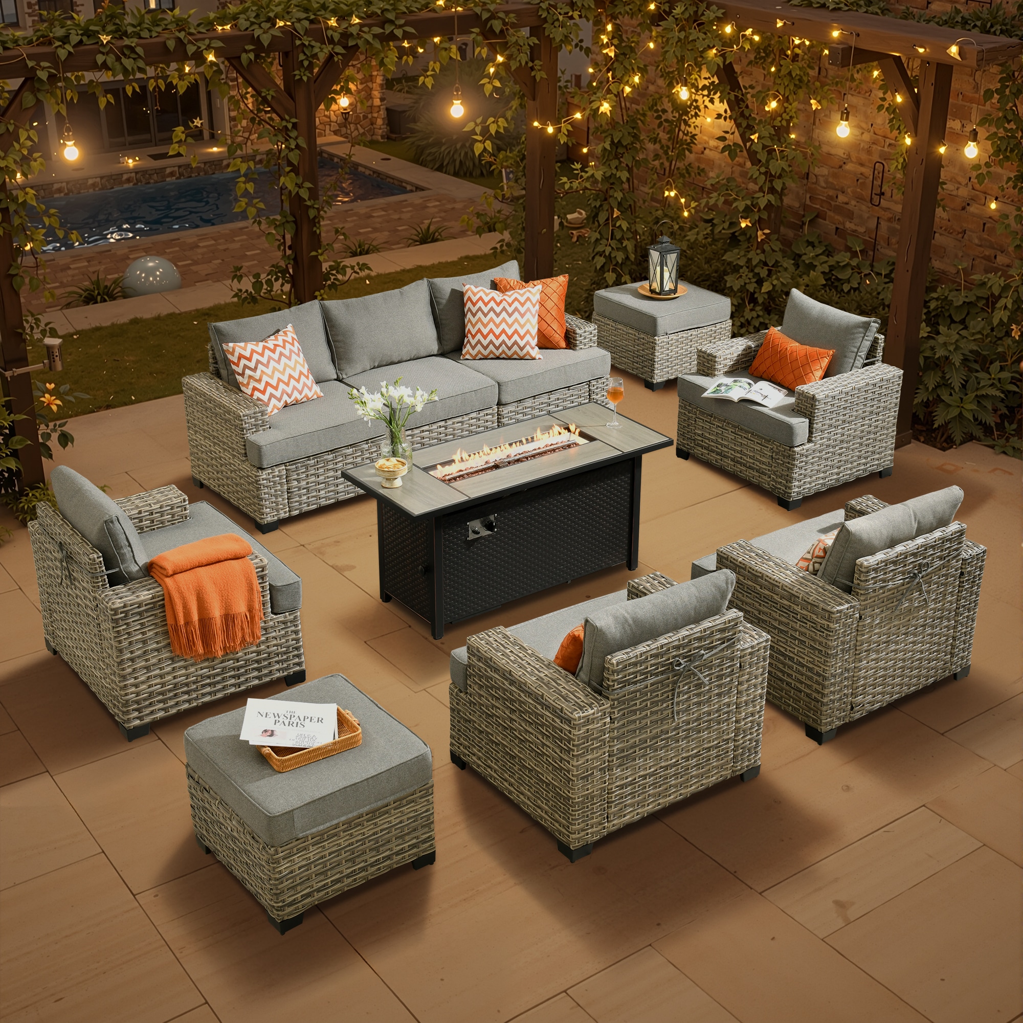 XIZZI XITBS2075-54IFP Agate 8 -Piece Rattan Patio Sofa Conversation Set with Dark Gray Cushions