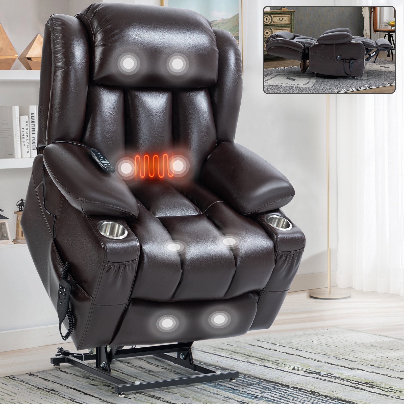 Mondawe OR-P21AJ-OF Brown Faux Leather Upholstered Powered Reclining Massage Chair with Lift Assistance