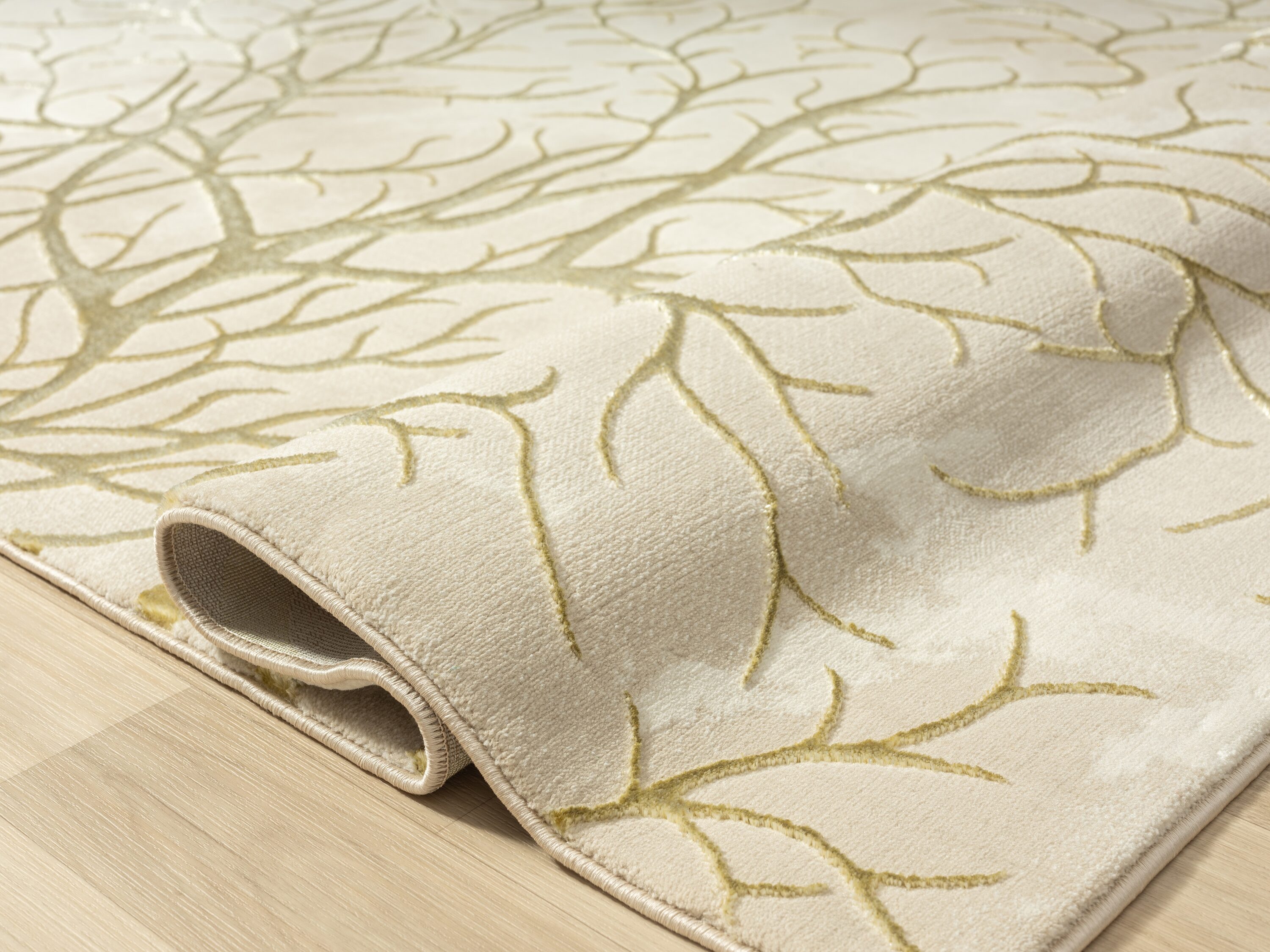 Beige and Gold Abstract Synthetic Area Rug