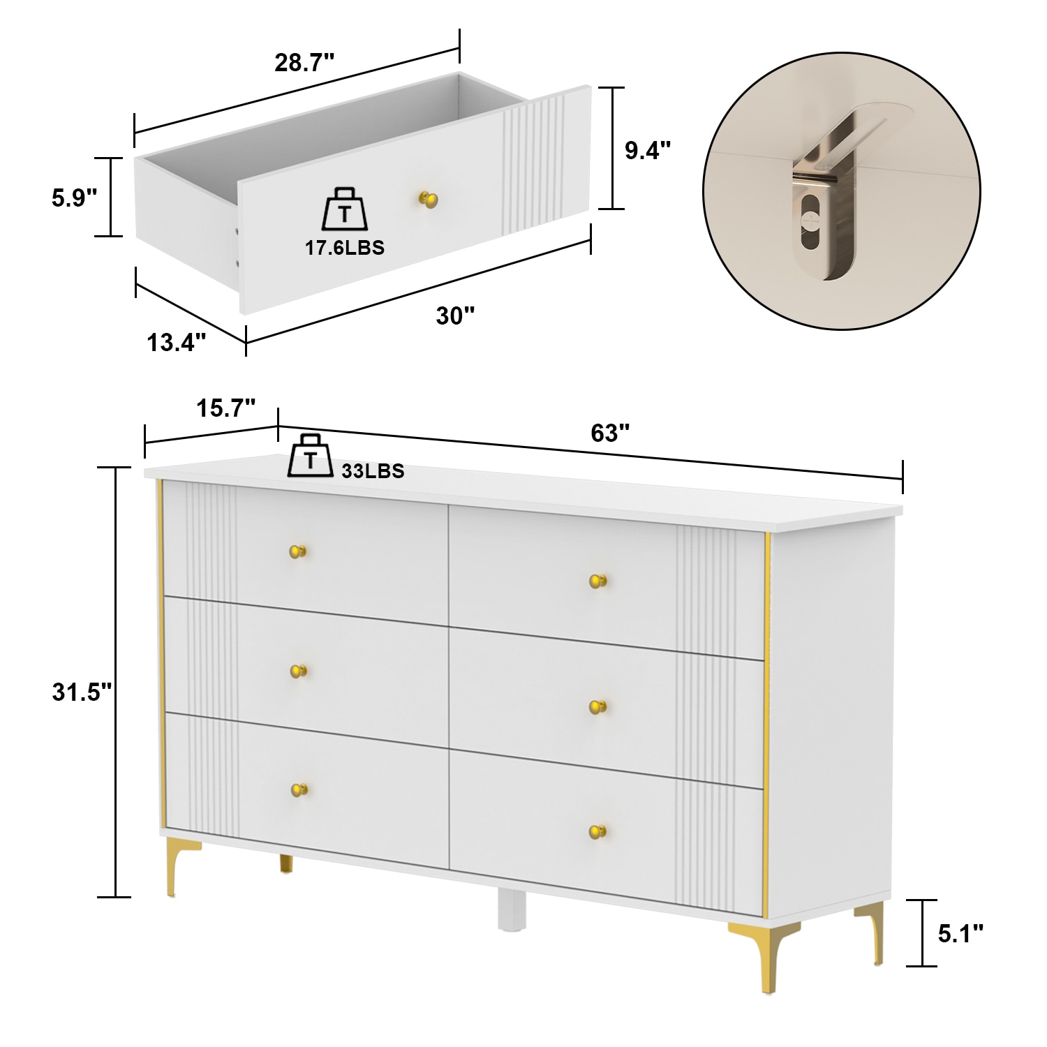 FUFU&GAGA Contemporary White 6-Drawer Dresser with Gold Metal Legs ...