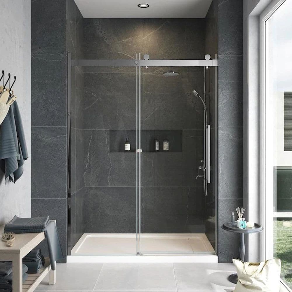 Transolid MBDT607608FR-S-BS Madeline Brushed Stainless 56-in to 60-in W x 76-in H Frameless Sliding Soft Close Shower door 5/16-in Thick Frosted Glass