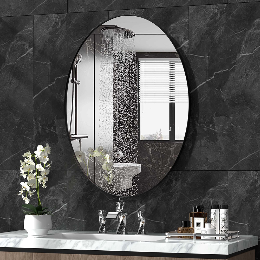 22 in. W x 27 in. H Rectangular Metal Framed Wall Bathroom Vanity Mirror in Black with Shelf