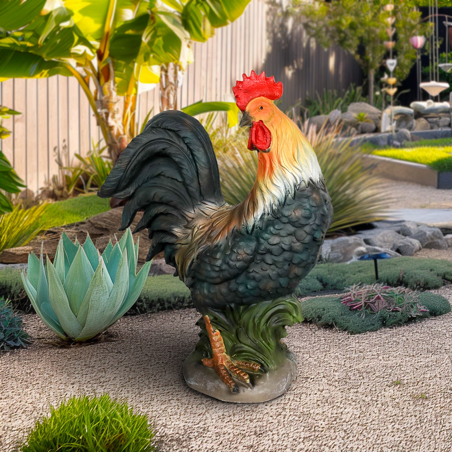 Watnature  22.8 Inch Rooster Statue Concrete Outdoor Chicken Sculpture for Garden Patio Lawn Backyard Deck Home Decor