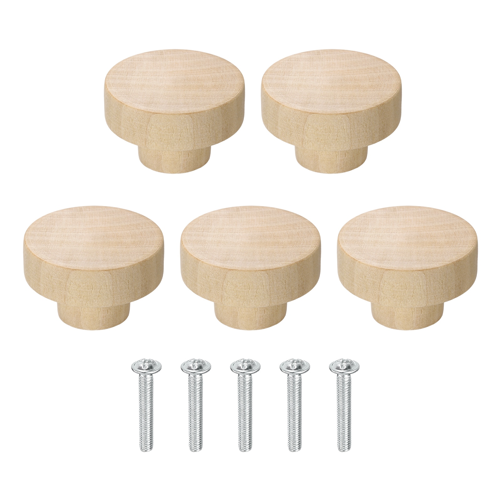 Unique Bargains 5pcs Round Wood Drawer Knob 1.57in Diameter Flat Head Dresser Knobs Solid Wooden Knobs with Screws for Furniture Drawer Wardrobe Cupboard